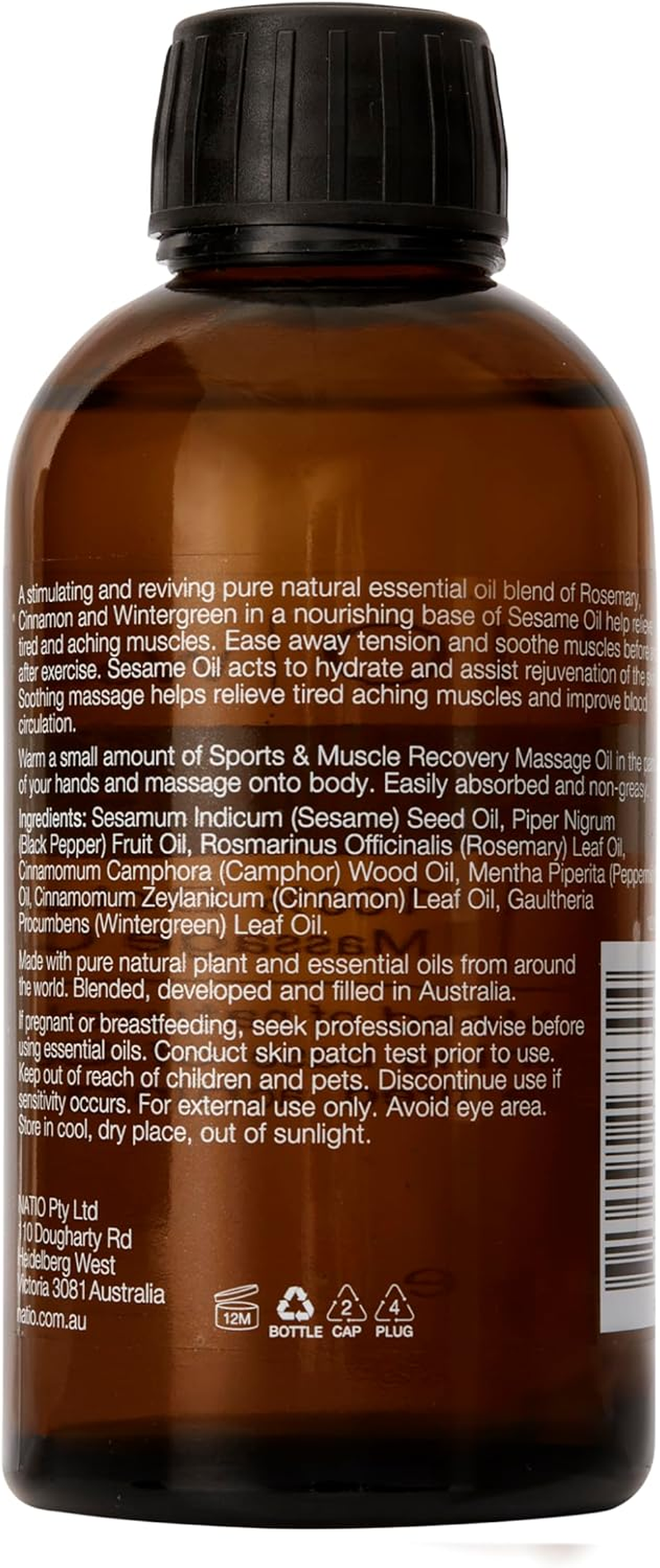 Natio Australia Wellbeing Sports & Muscle Recovery Massage Oil 200Ml - Deeply Moisturising Massage Oil - Vitamin E, Rosemary, Peppermint, Cinnamon & Wintergreen - Vegan Friendly & Made in Australia image number 1
