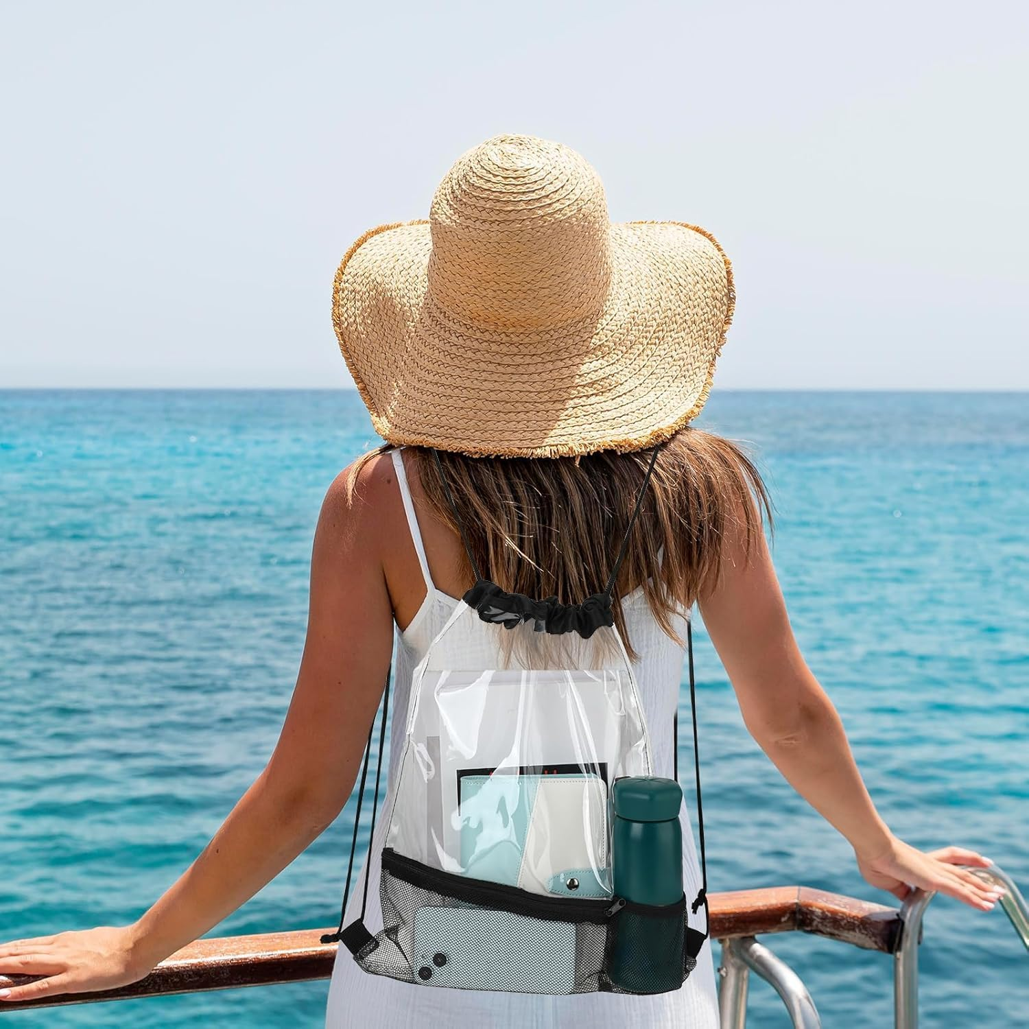 2PCS Clear Backpack Stadium Approved - 12.99X16.93 Inch Waterproof PVC Transparent Bag for Concerts, Sports Events, Travel & Gym, Tsa-Compliant Drawstring Backpack image number 1