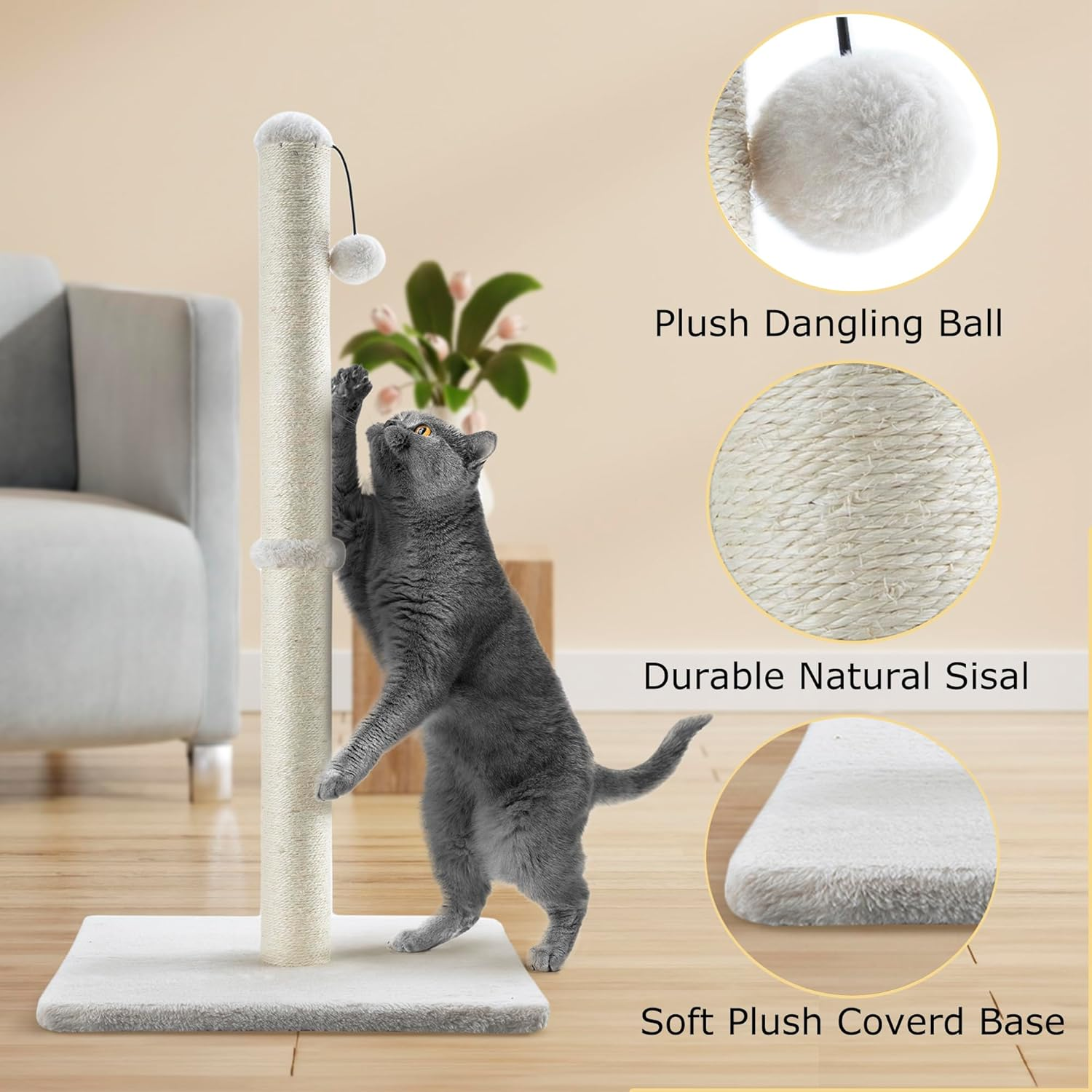 Dimaka 29" Height Tall Cat Scratching Post, Claw Scratcher with Sisal Rope and Covered with Soft Smooth Plush, Vertical Scratch [Full Strectch] for Standard Size Cats. (Beige) image number 4