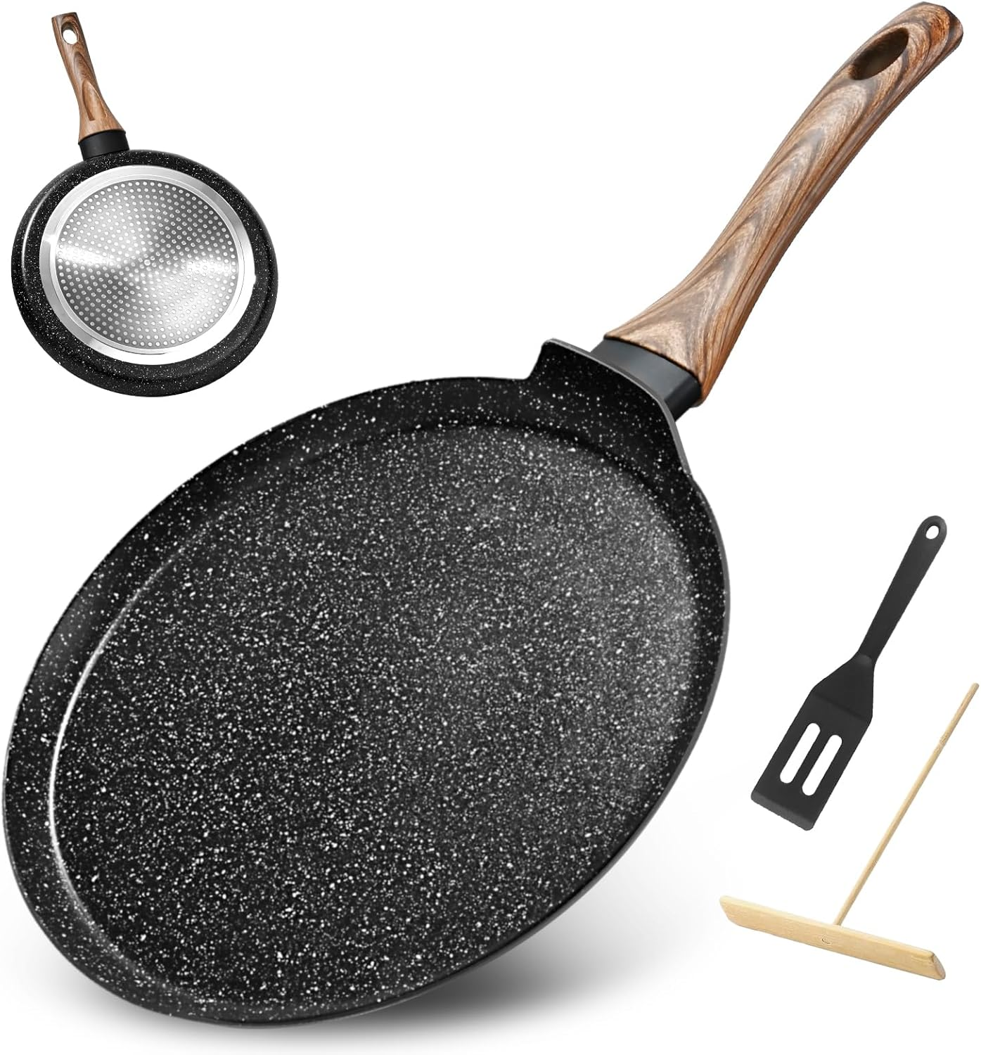 JNNQI Non-Stick Crepe Pan 28 Cm (11 Inch), Pfoa-Free Non-Toxic Coating, Gas/Electric/Induction Stovetop Compatible, Includes Silicone Spatula and Wooden Crepe Spreader Tool