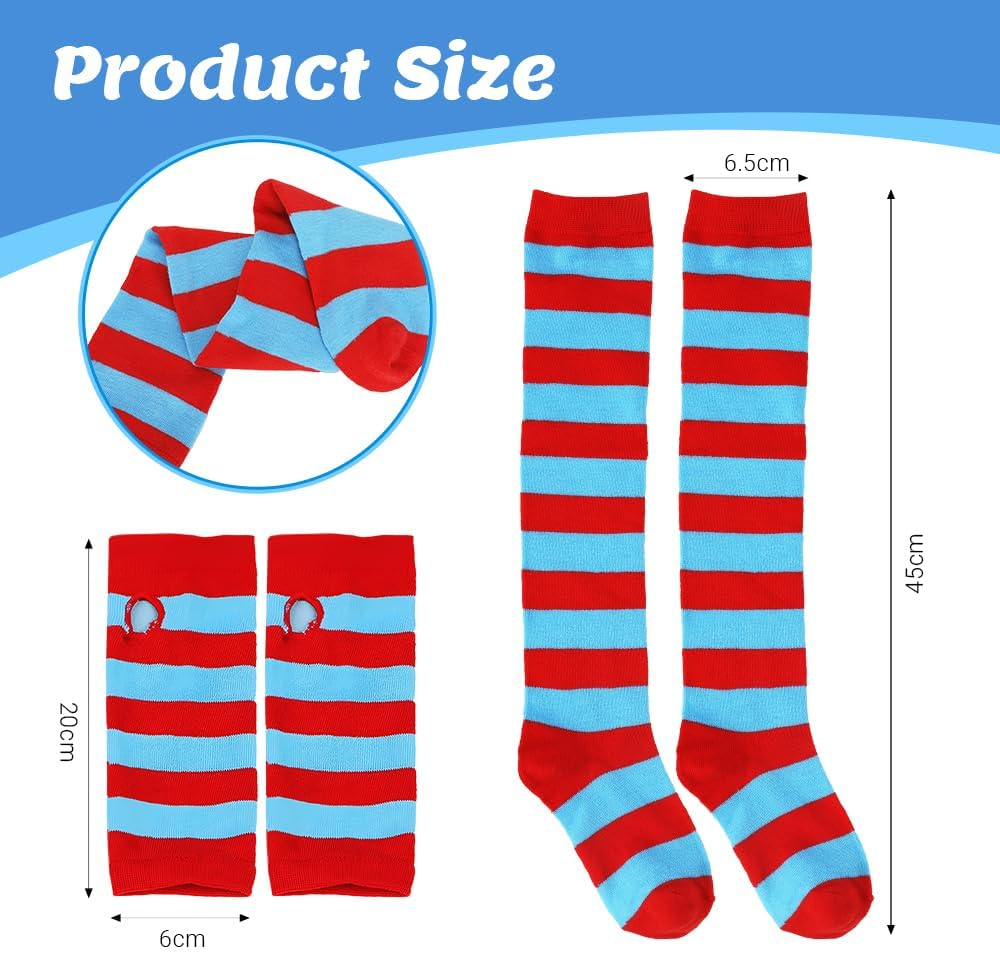 Fayrvind Red and Blue Costume Set for Woman Include Blue Tutu Skirt Striped Socks Stretchy Gloves Ponytails Headband Halloween Costumes Outfits Accessories Book Week Costume image number 6