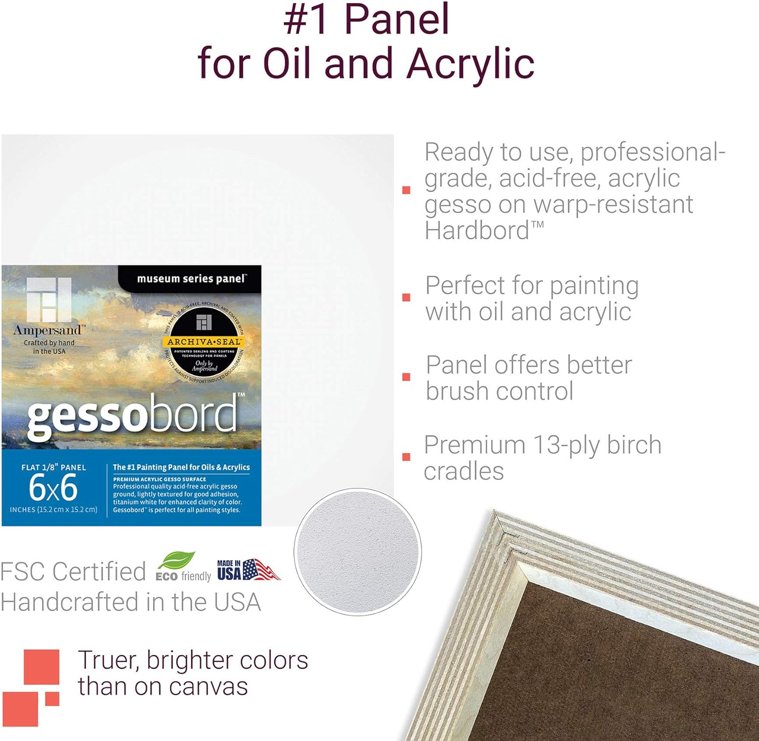 Ampersand Art Supply Gesso Wood Painting Panel: Museum Series Gessobord, 6" X 8", 1/8" Flat Profile, Pack of 3 image number 6