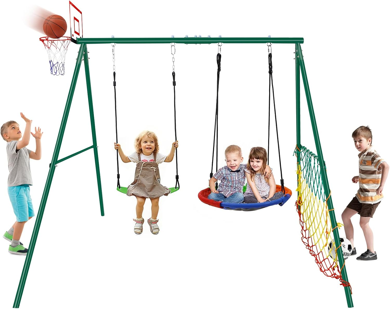 CYFIE 5-In-1 Swing Set for Kids Heavy-Duty Metal Swing Stand Outdoor Playground Equipment W/2 Swings Basketball Hoop, Football Gate for Outdoor Backyard, up to 440.1Lbs (200Kg) Weight Capacity image number 1