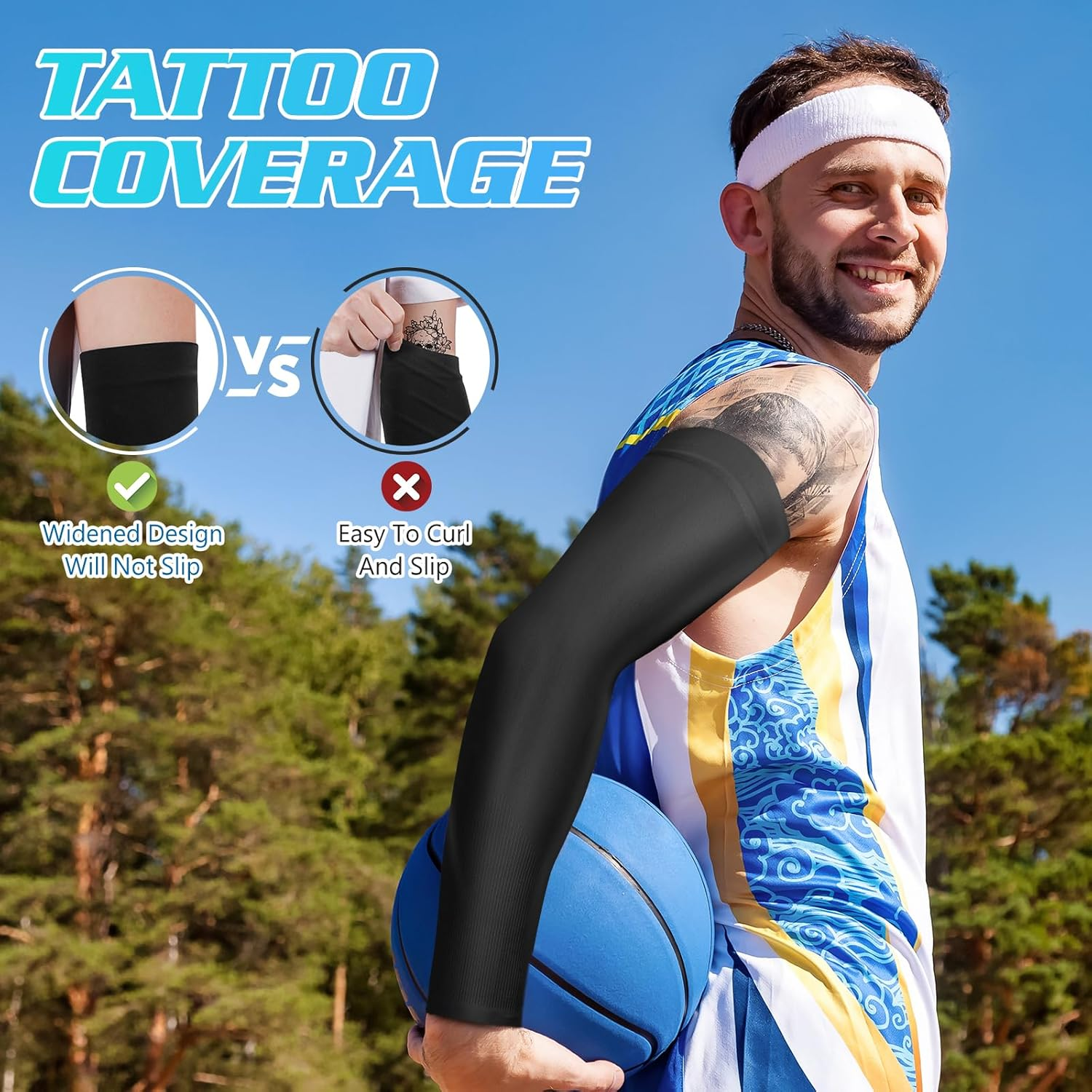 Arm Sleeves for Men Women: 4 Pairs Sun Protection Sleeves to Cover Arms Cooling Sports Compression Arm Sleeve Youth - Black,White,Royalblue,Grey image number 6