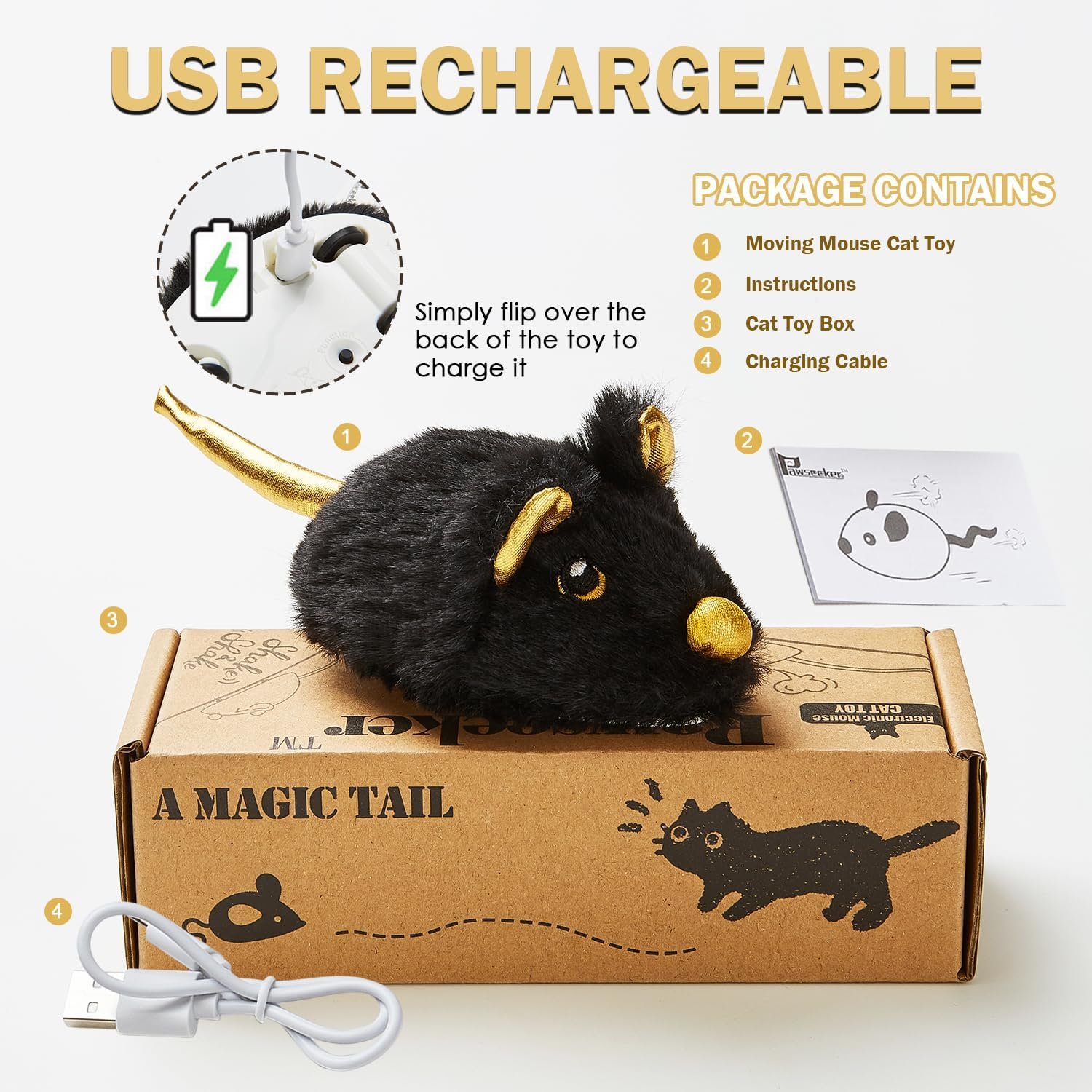 Pawsayes Interactive Cat Toy for Indoor Cats, Rechargeable Automatic Movable Mouse Cat Toy with Squeaky Sound, Intelligent Electric Mice Cat Toys