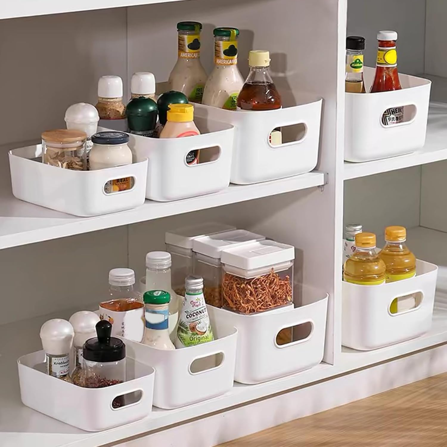 12 Pack Plastic Storage Baskets, Plastic Storage Bins with 3 Different Sizes, Home Kitchen Tidy Organiser with Handles for Kitchen Cupboard Office Bathroom Home (White) image number 4