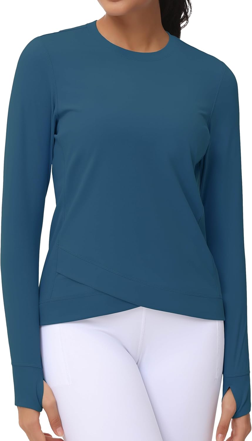 THE GYM PEOPLE Women'S Long Sleeve Compression Shirts Workout Tops Cross Hem Athletic Running Yoga T-Shirts with Thumb Hole