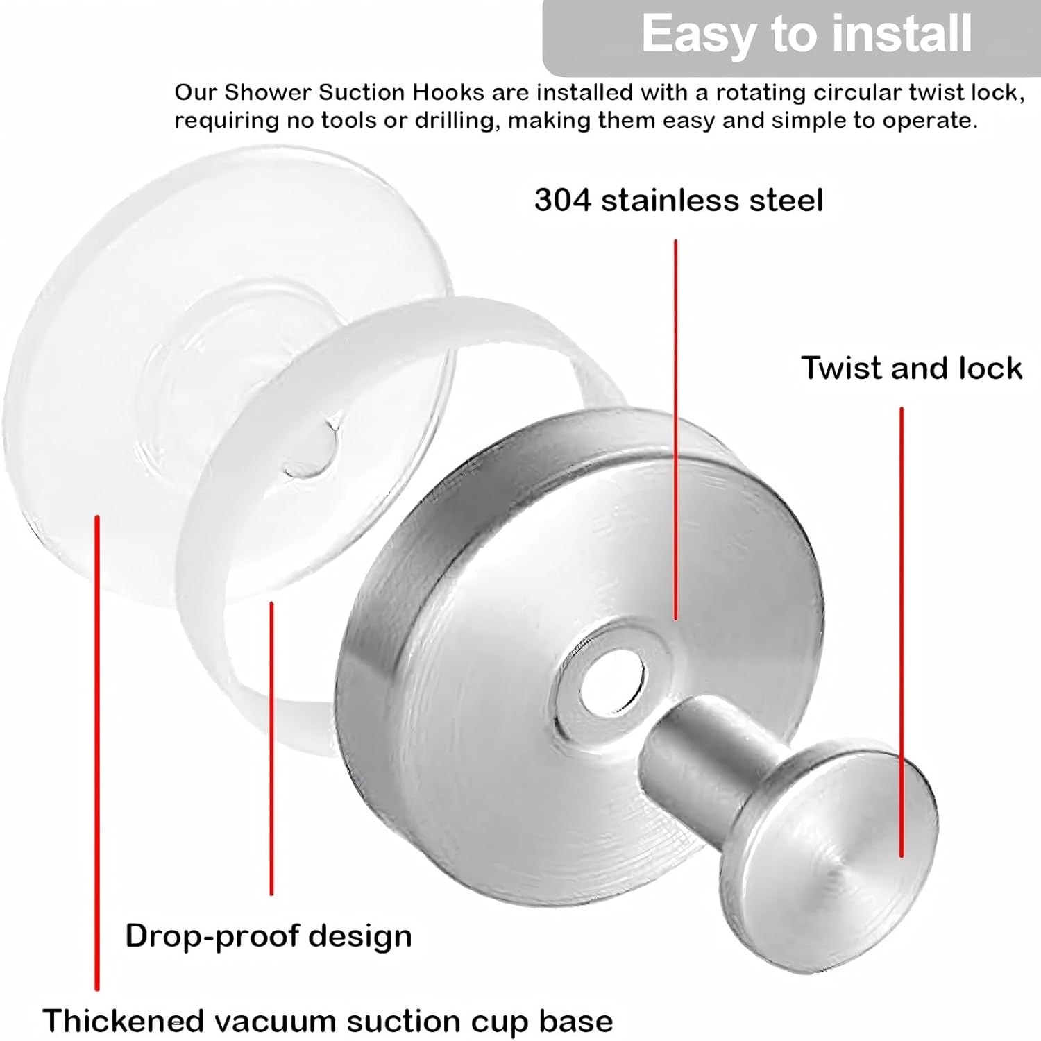 4 Pack Suction Cup Hooks for Shower, Bathroom, Kitchen, Glass Door, Mirror, Tile &ndash; Loofah, Hanging Towels, Coat, Bath Robe Hook Holder for Hanging up to 15 Lbs &ndash; Waterproof & Rustproof, Matte Silver - 4 Pack Black image number 6