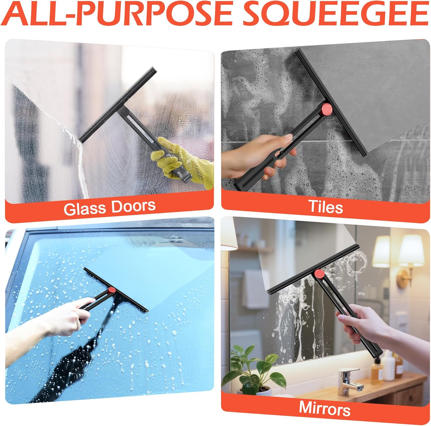 Upgraded Shower Squeegee for Glass Doors with 2 Pack Multi-Purpose 360&deg; Rotating Window Squeegees for Walls Wiper, Car Windshield, Tile, Mirrors and Kitchen image number 6