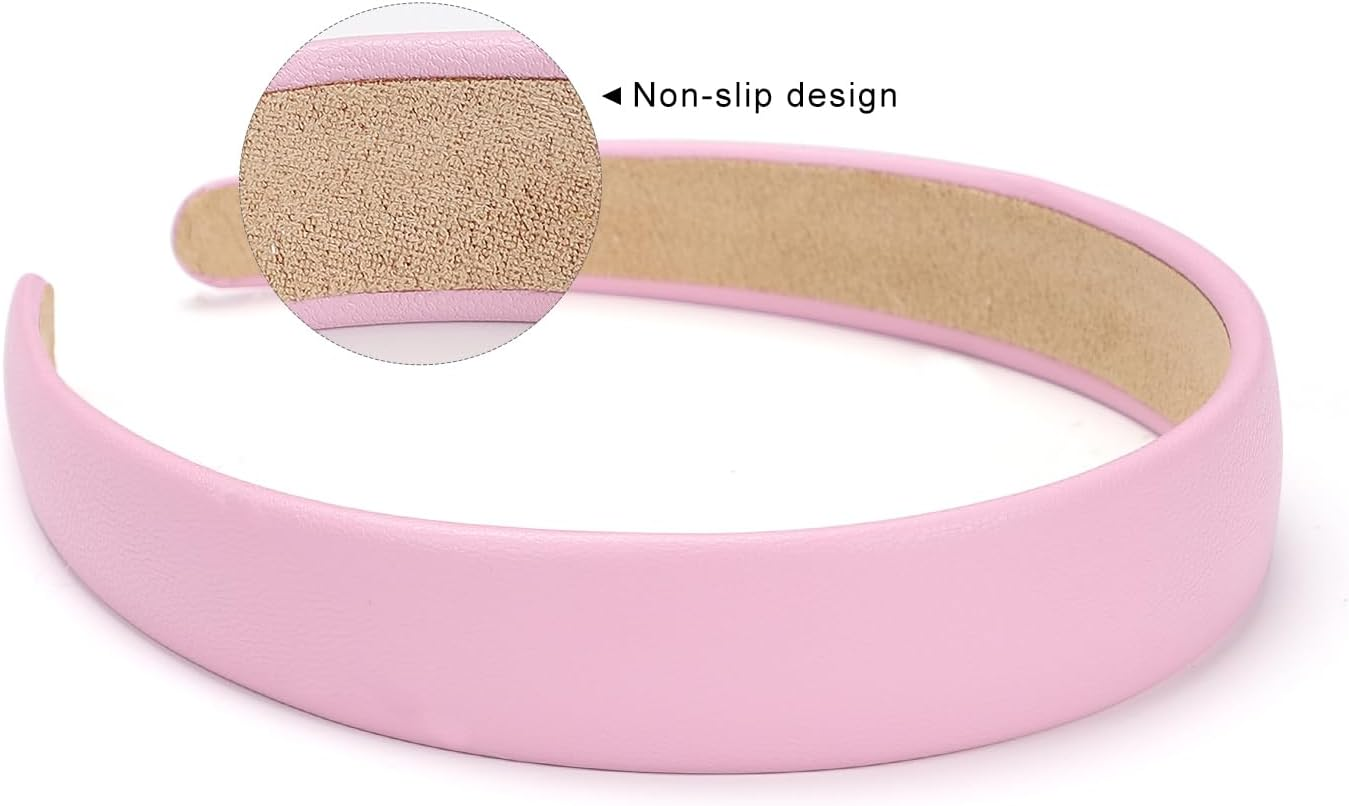 Wantgor 1 Inch PU Leather Headband, Wide Padded Hairband Fashion Hair Bands Cute Womens Headbands Holiday DIY Hair Accessories (Pink) - Pink image number 2