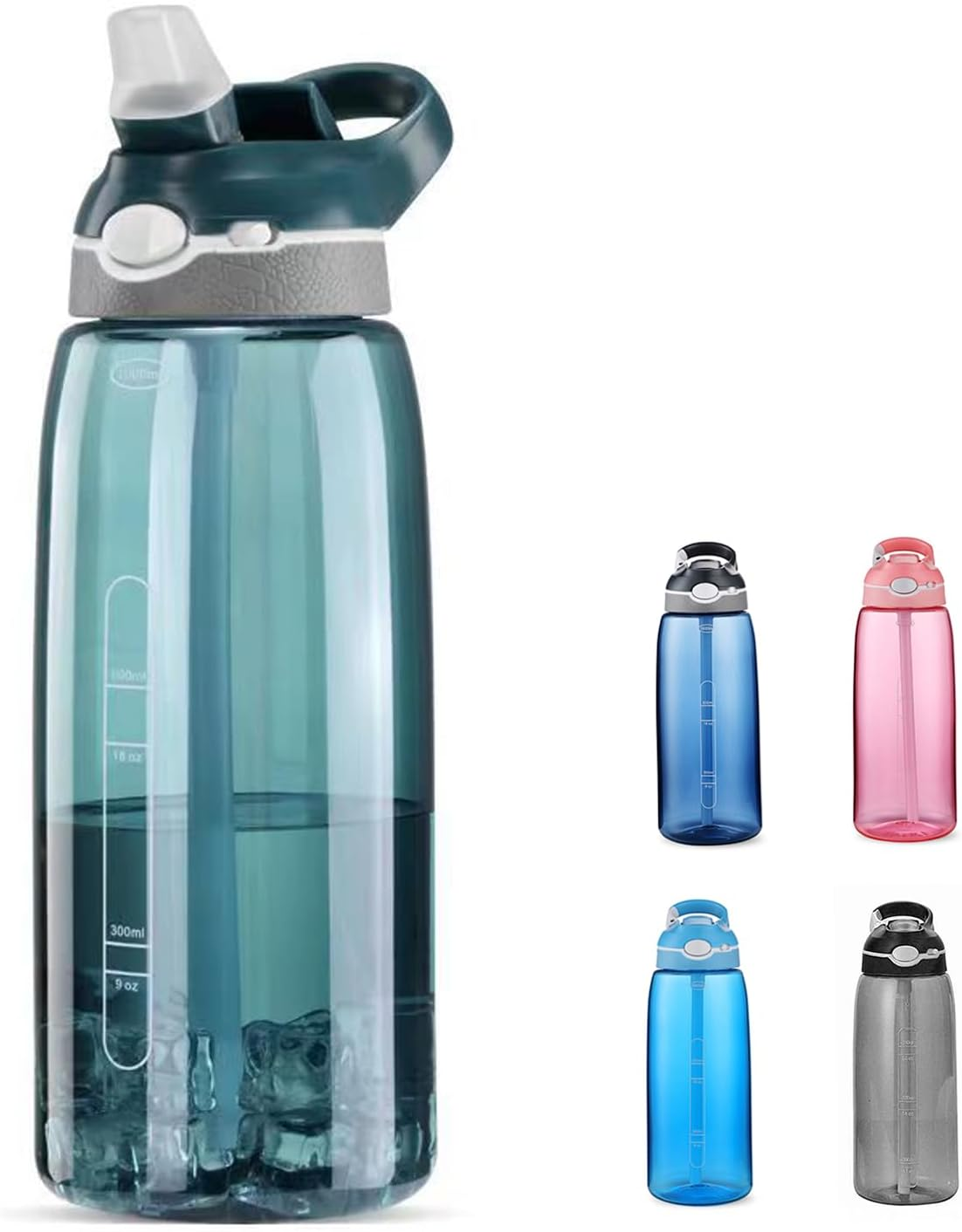 1000Ml Black Water Bottle with Straw, BPA FREE Clear Bottle with Handle One Hand Use Easy Carried, Flip Up, Suit School, Office, Gym, Office for Women Men