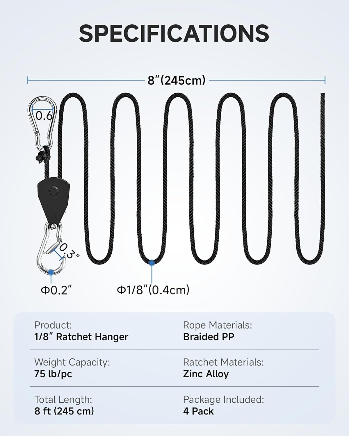 Fondwell 1/8" Rope Tie Downs Ratchet: Grow Light Hangers Adjustable - Mini Ratchet Straps for Various Hanging and Strapping image number 1