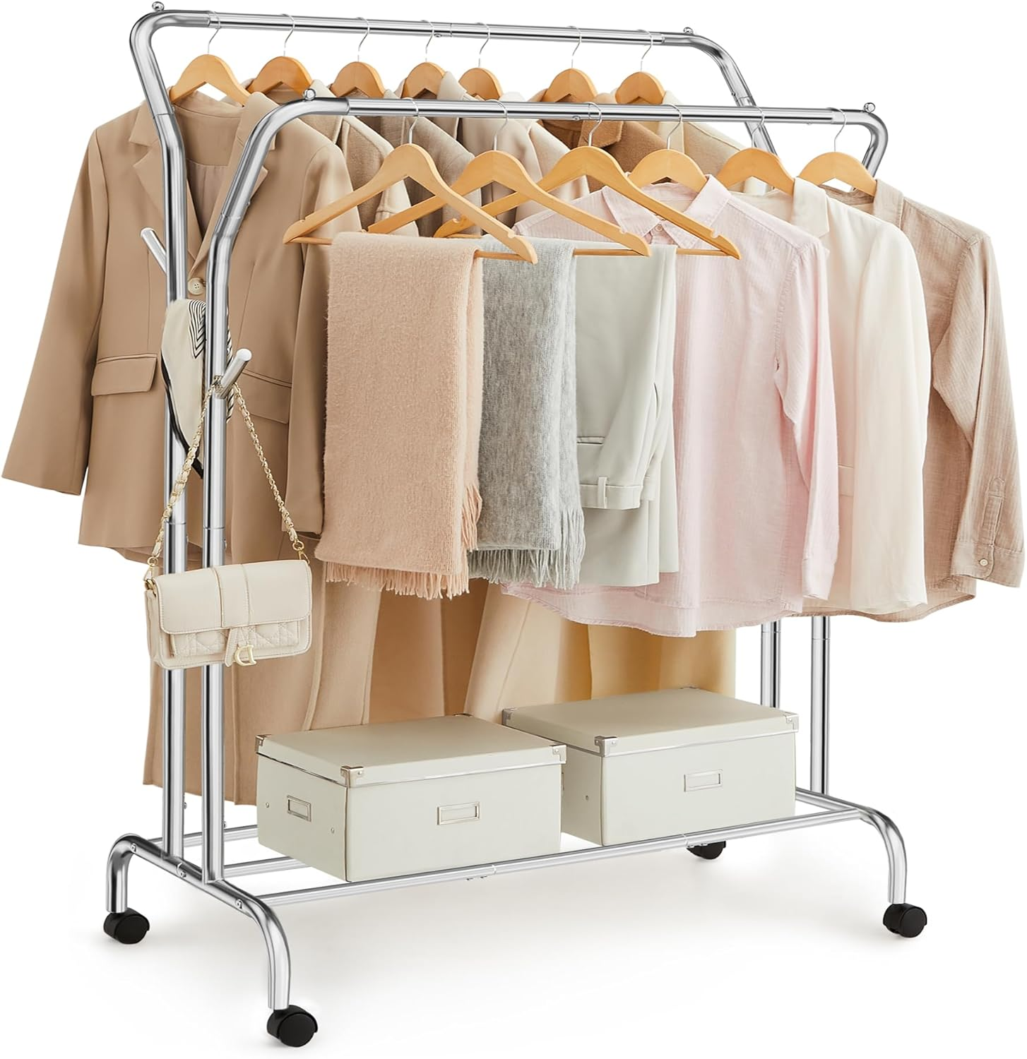 SONGMICS Clothes Rail, Clothes Rack, Double Clothes Hanging Rail, Heavy-Duty Metal Frame, with Wheels and Shelf, 100 Kg Total Max. Load, 103.5 Cm Wide, Clothing Storage, White HSR107W01