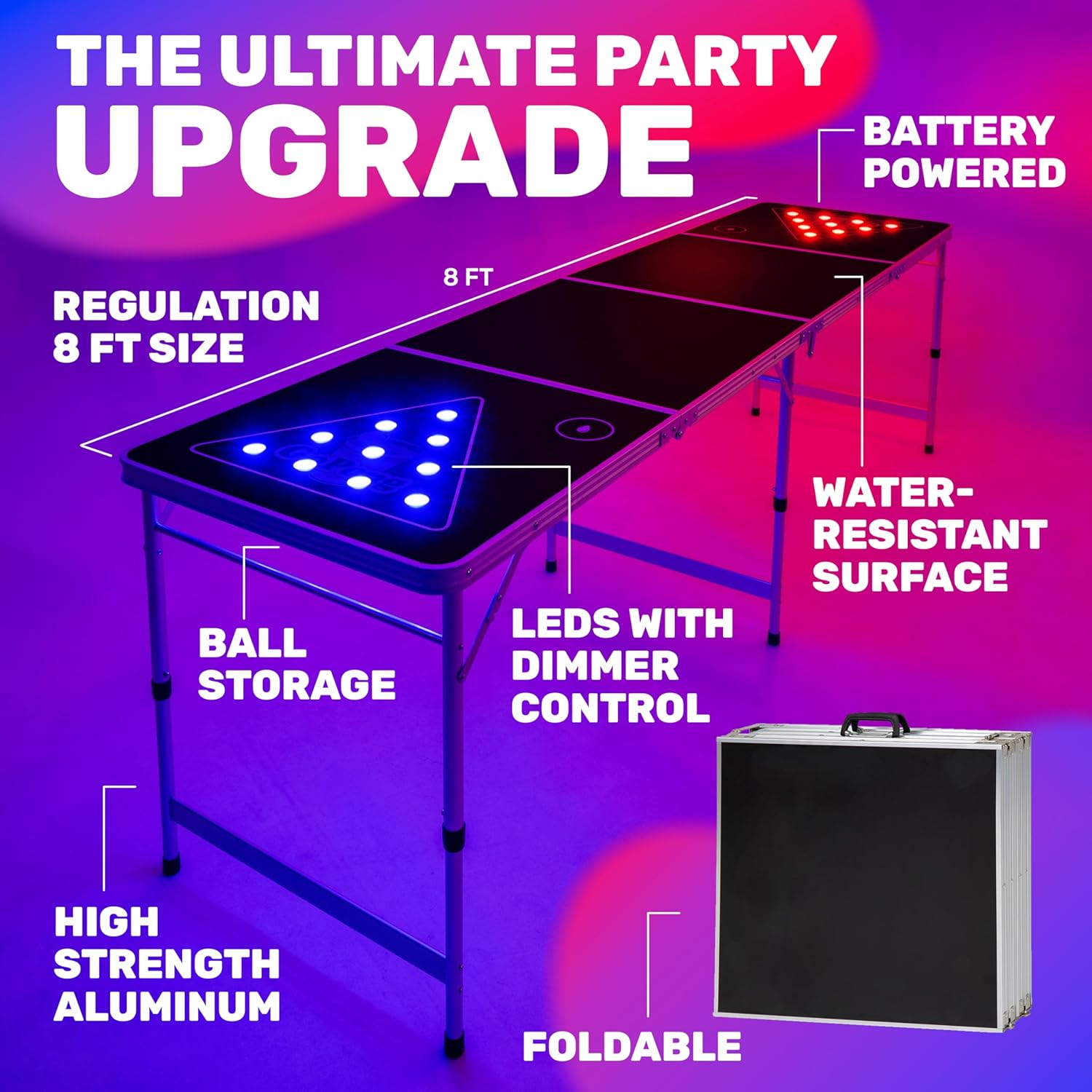 Gopong 8 Ft Foldable Beer Pong Table with LED Lights - Regulation Size Portable Pong Table with 6 Balls