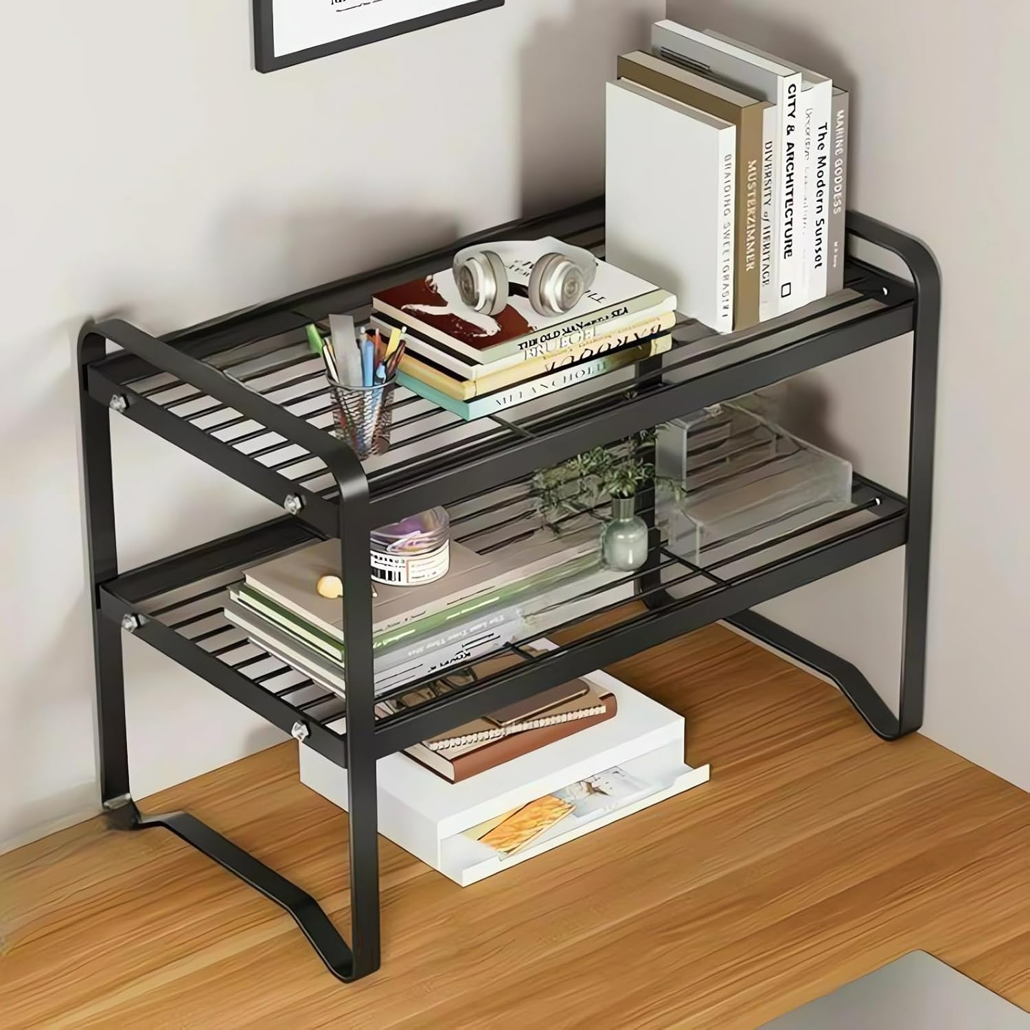 3-Tier Desktop Organiser Shelf, Metal Storage Rack, 40 X 21 X 36 Cm, Black/White Bookcase A225 (White) image number 6
