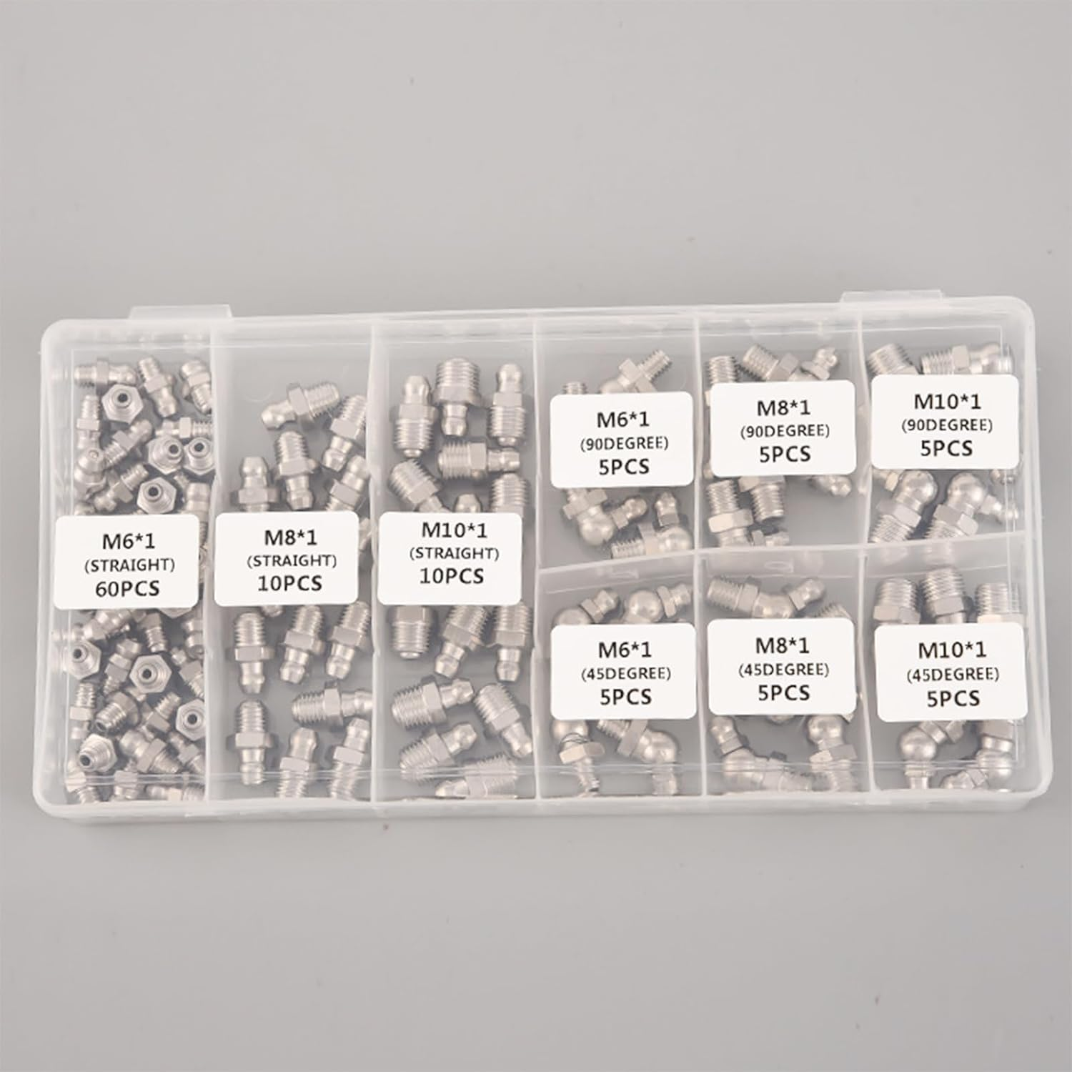 Acbbmns 220Pcs Metric & Imperial Hydraulic Grease Nipple Assortment Kit 1/4" 1/8" M6 M8 M10 Straight 45 Degree 90 Degree Angled Galvanized Steel Grease Fitting Set image number 1