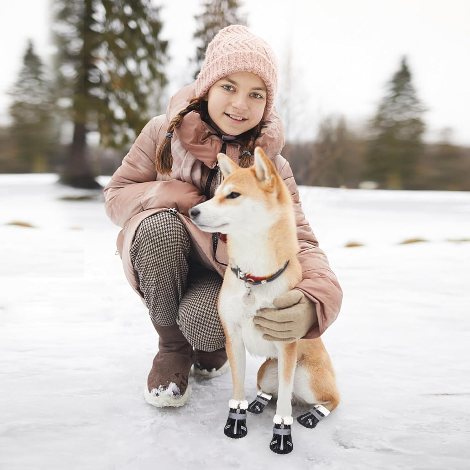 Waterproof Dog Boots, Fleece Shoes with Reflective Straps Winter Dog Paw Protector Warm Booties for Injured Paws Anti-Slip Walking Boots Outdoor for Small, Medium Dogs, Puppy (L) image number 4