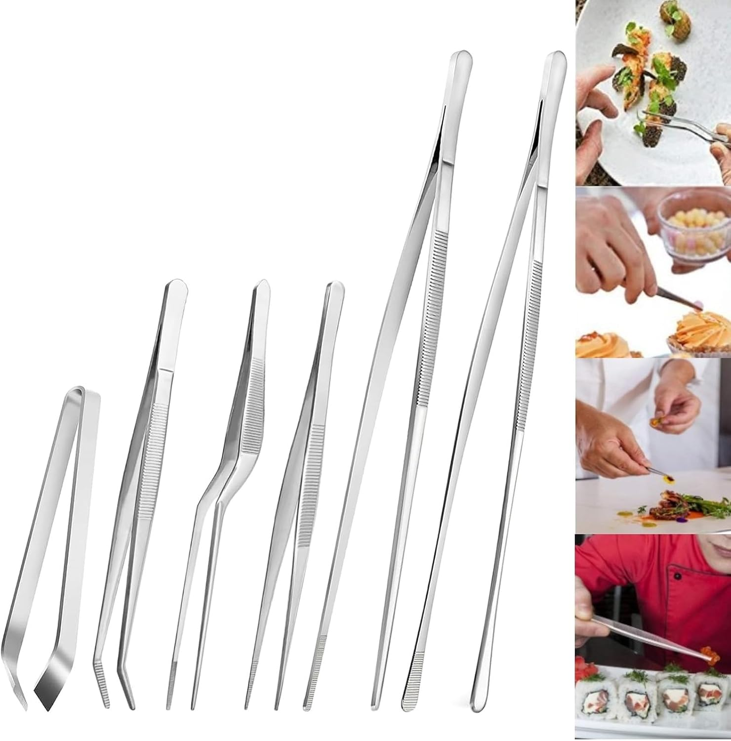 6 Pcs Cooking Tweezers, Multifunctional Stainless Steel Kitchen Tweezer Set, Professional Chef Tweezers for Cooking, Plating, Sea Food, BBQ, Multi-Use（12 in and 6.3 in ）