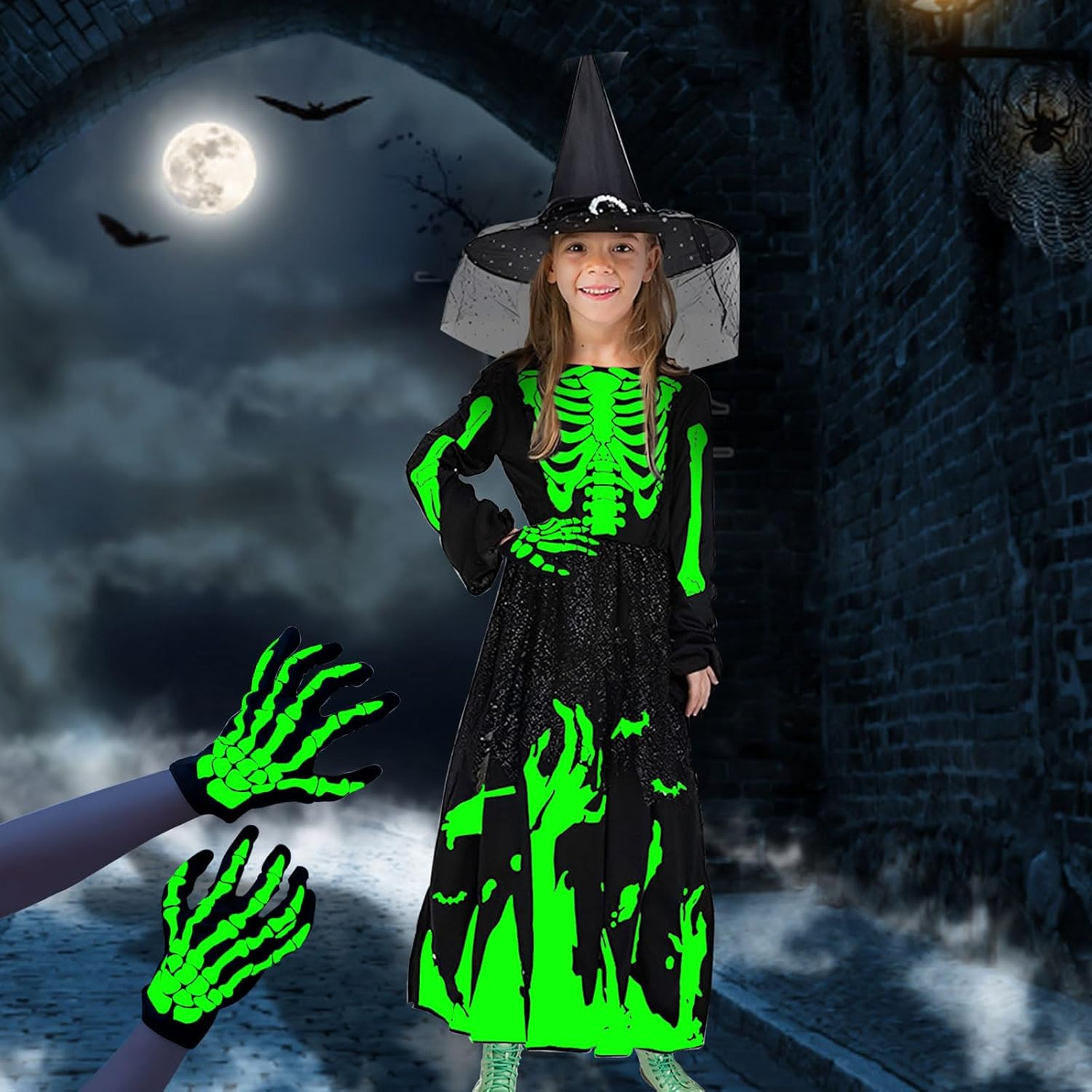 Giugio Witch Costume Girls, Princess Skeleton Costume Children Girls, Halloween Skeleton Costume with Skeleton Gloves and Witch Hat, Witch Costume Vampire Costume Child Witch Costume for Carnival image number 4