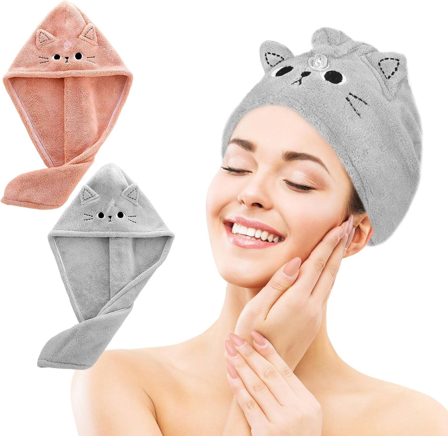 Pack of 2 Microfibre Hair Towel Wraps, Hair Plopping Towel Curly, Quick-Drying Hair Turban, Wrap Super Absorbent, Dark Pink, Grey, Cat Coral Fleece Absorbent Hair Towel for Women Girls