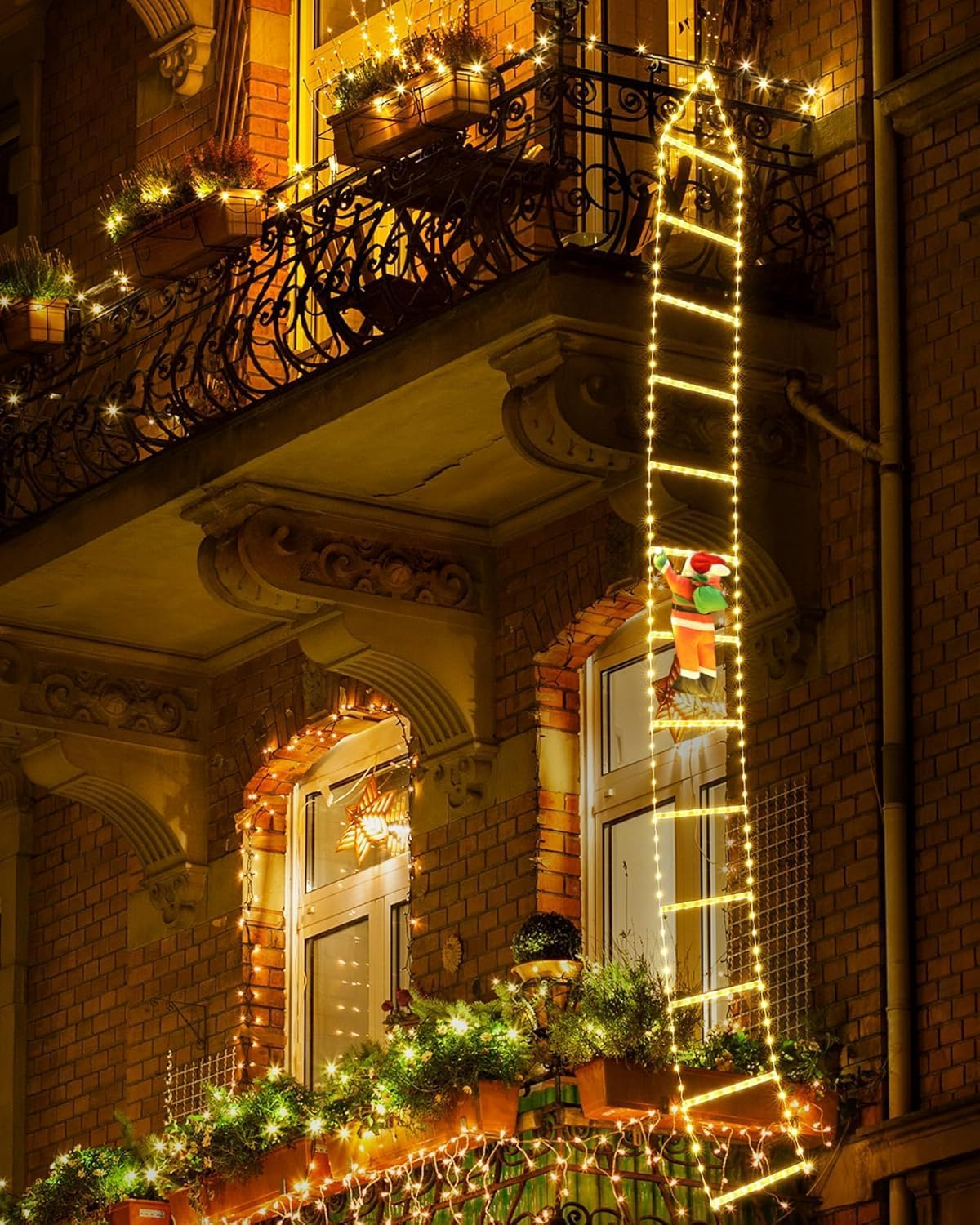 Christmas Decorations LED Ladder Lights with Climbing Santa Claus, 10Ft Outdoor Christmas Decorative Lights - 8 Modes Xmas Lightst Tree for Home Holiday Wall Window Xmas Decor (Warm White) - Multi Color image number 6