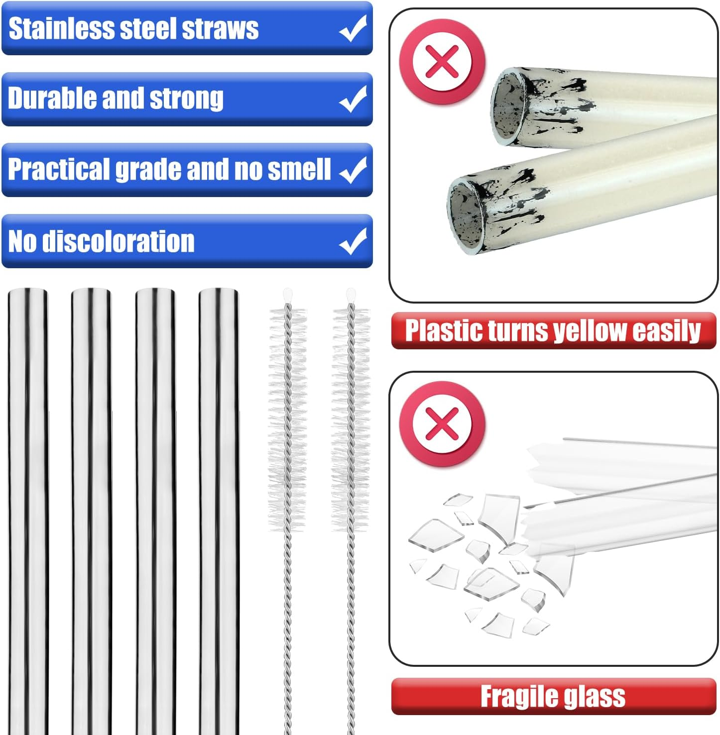 4Pcs Metal Press in Straw Replacement with 2Pcs Straw Brushes for Hydro Flask, Silver Stainless Steel Practical Straws Replacement Accessories Compatible with Hydroflask Wide Mouth Water Bottle 64Oz image number 6