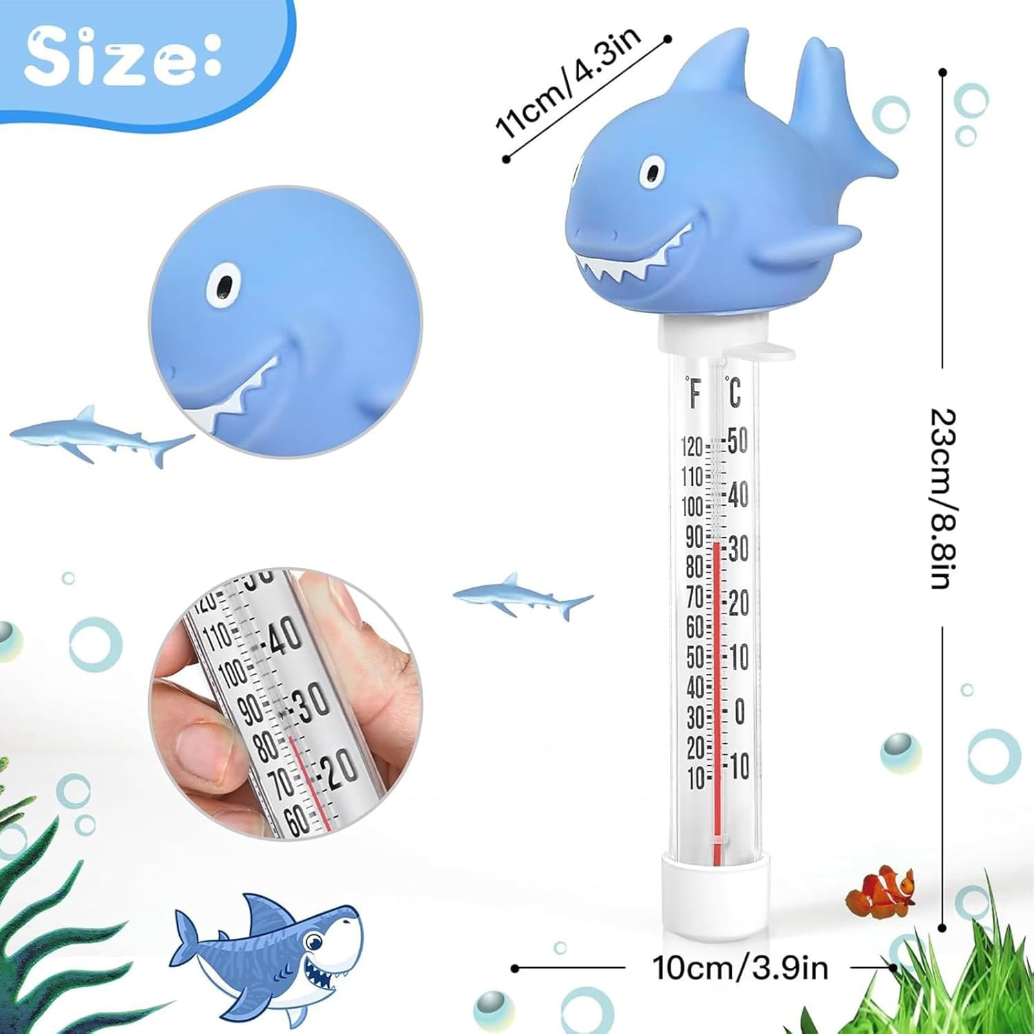 Pool Temperature Gauge &ndash; 9.06 Inch Thermometer | Floating Leakproof Feature &ndash; Shark Style Water Thermometer for Accurate Reading in Pools Spas Ponds Aquariums | PP Device &ndash; Indoor Outdoor Use image number 2