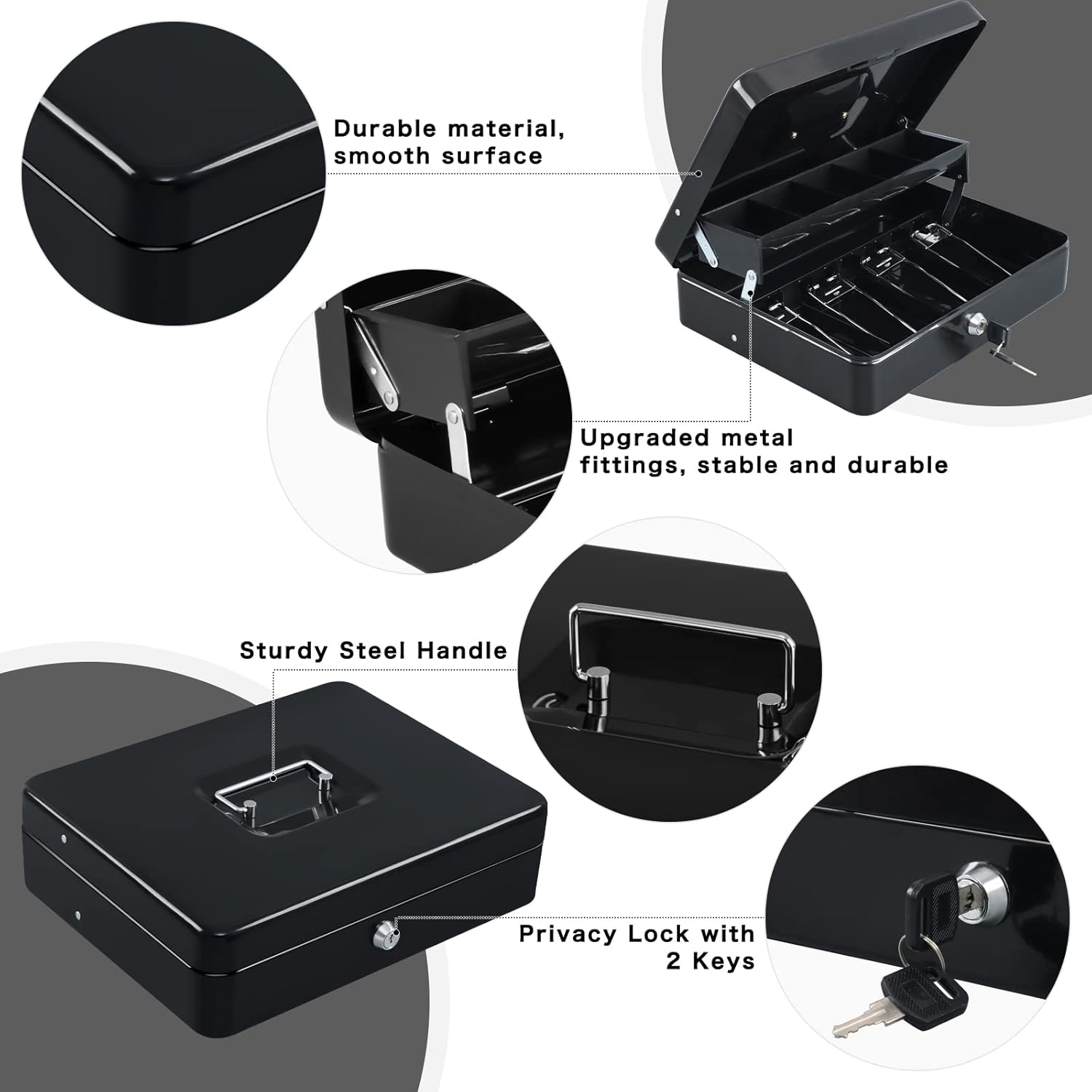 Xydled Cash Box with Money Tray and Key Lock,Tiered, Cantilever Design,4 Bill / 5 Coin Slots,11.8" X 9.5" X 3.5",Black - Black Key Lock image number 6