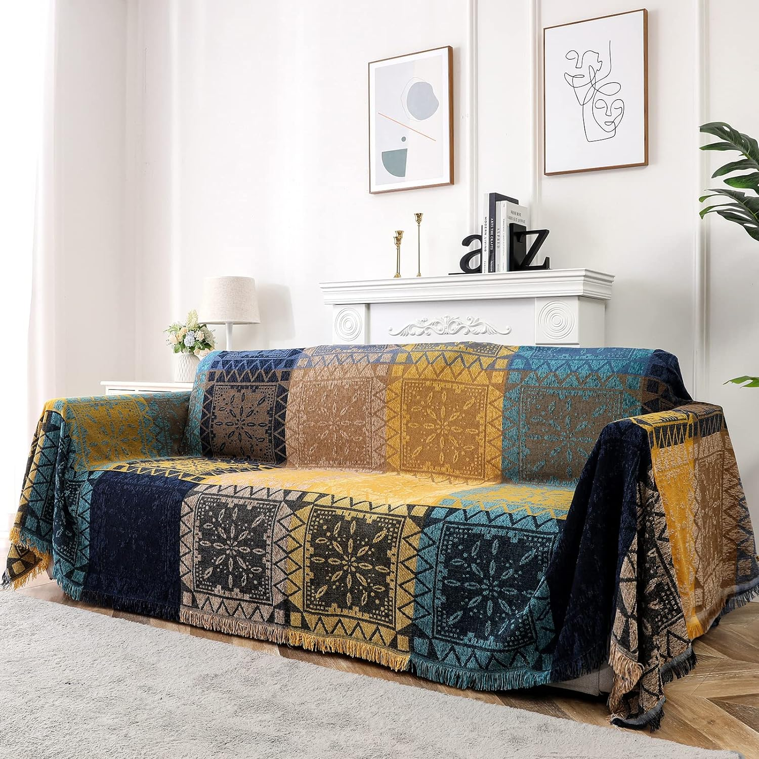 H.VERSAILTEX Boho Couch Cover Bohemian Cotton Sofa Cover Sofa Throw Cover for Couches Washable Sofa Couch Covers for Dogs Feature Hippie Chenille Jacquard Fabric(230Cm X 340Cm, Xx-Large, Yellow Navy)