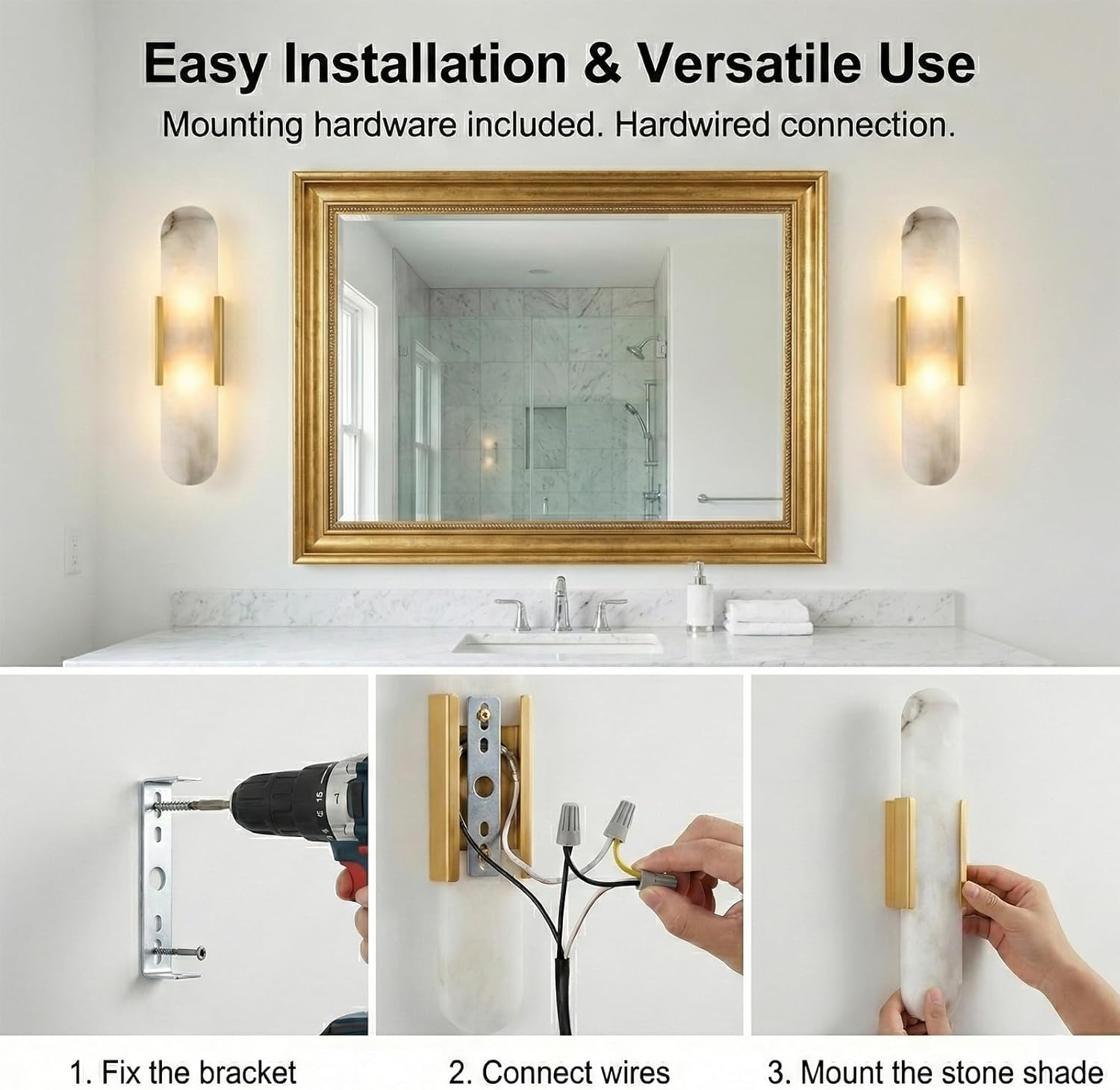 Natural Alabaster Wall Sconce Set of 2 &ndash; Modern Marble Wall Lamp for Bedroom, Bathroom Vanity, Living Room, Hallway & Staircase &ndash; Stone Alabaster Lamp Lighting Fixture(Gold,35Cm) image number 3