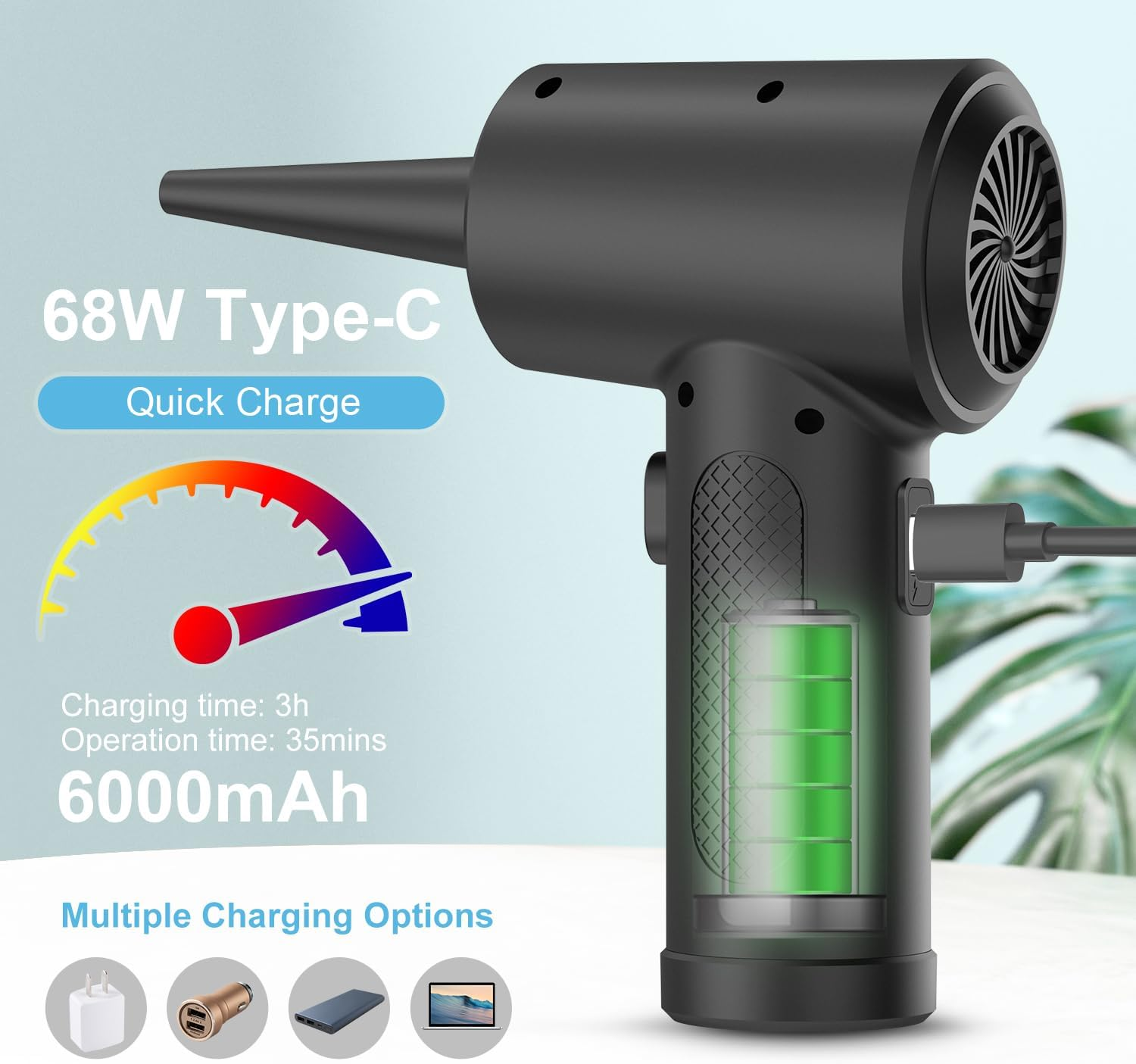 Compressed Air Duster Cleaner for PC, Electric Air Blower for PC Cleaning, 3-Speed Cordless 91000 RPM Rechargeable Reusable Compressed Air Cleaner for Laptop Computers Keyboard