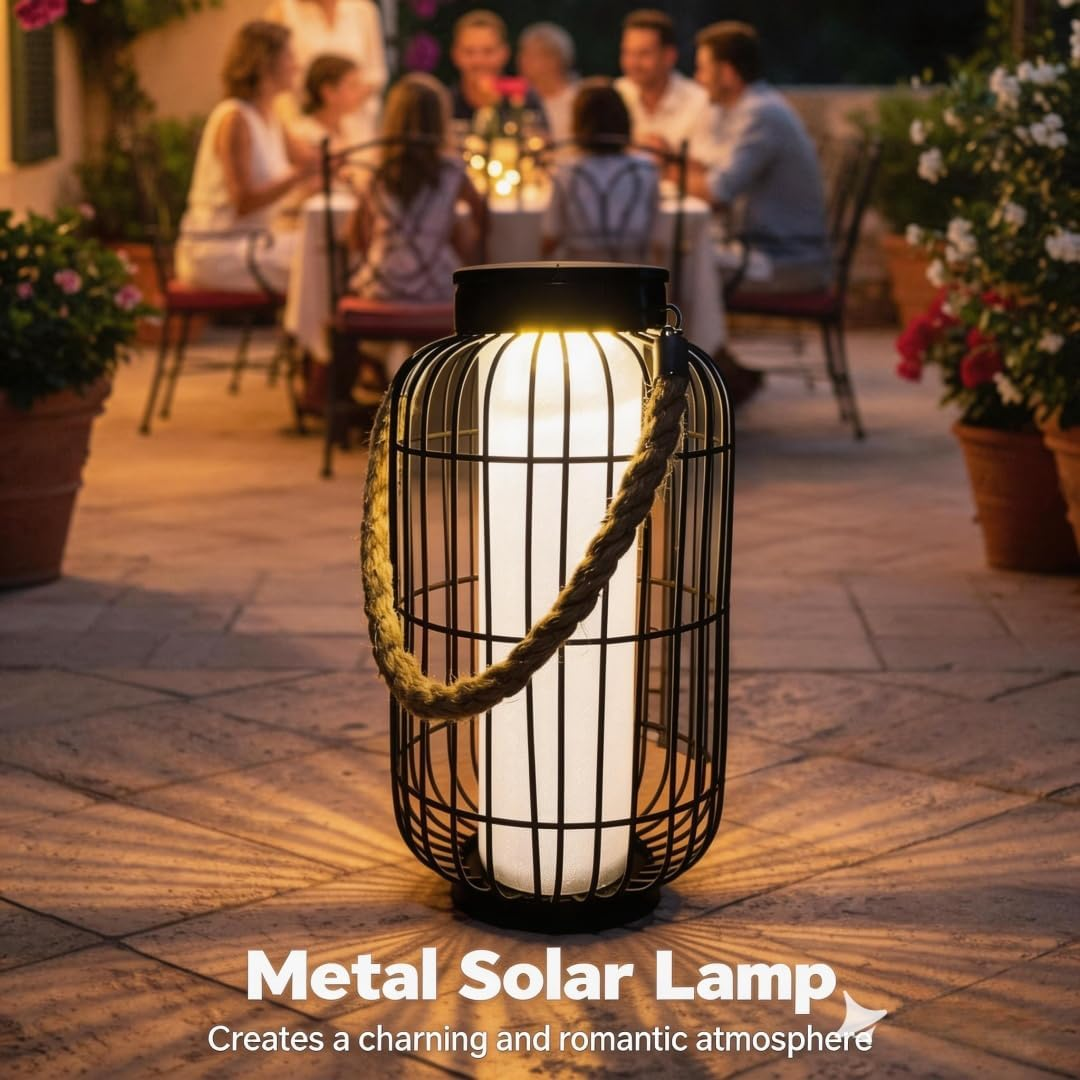 Pearlstar Large Solar Powered Lantern Outdoor-Heavy Duty Metal Hanging Lights Decorative Solar Table Lamp Waterproof for outside Patio Yard Garden Porch Tabletop Decor (Black) image number 5