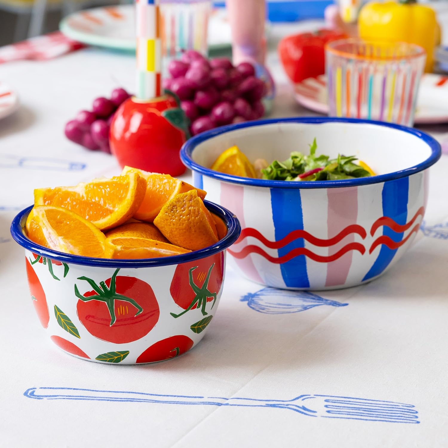 Talking Tables 1 Handmade Enamel Bowl - Durable Shatterproof with Tomato Design - Ideal for Snacks Salads Fruits Soups - Chic Dining, Stylish Decor - 12Cm Dishwasher Safe image number 5