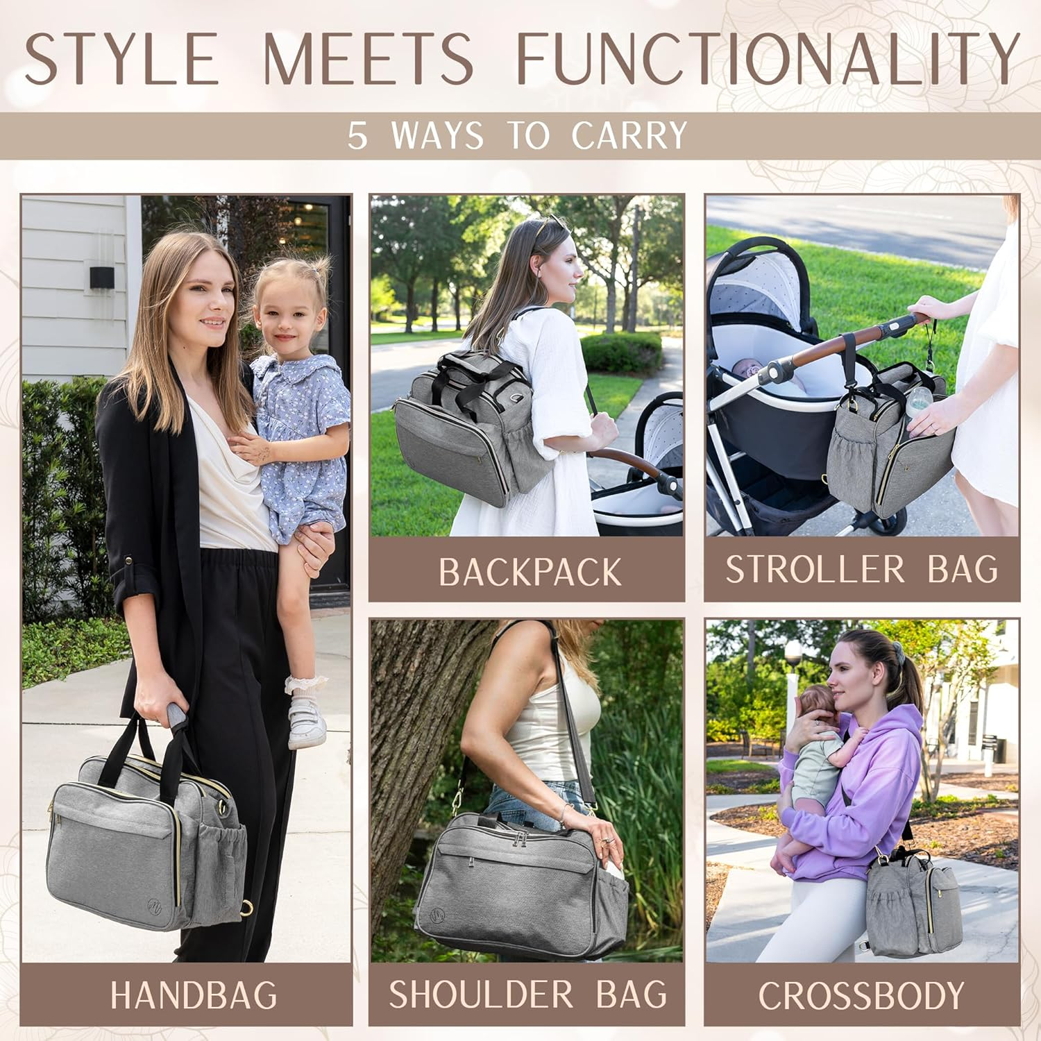 Mellories 4 in 1 Convertible Diaper Bag Tote for Baby Boys and Girls - Converts into Diaper Backpack, Baby Tote Bag, Stroller Bag and Crossbody Diaper Bag - Gray Baby Travel Gift Bag for Mom - Black image number 2