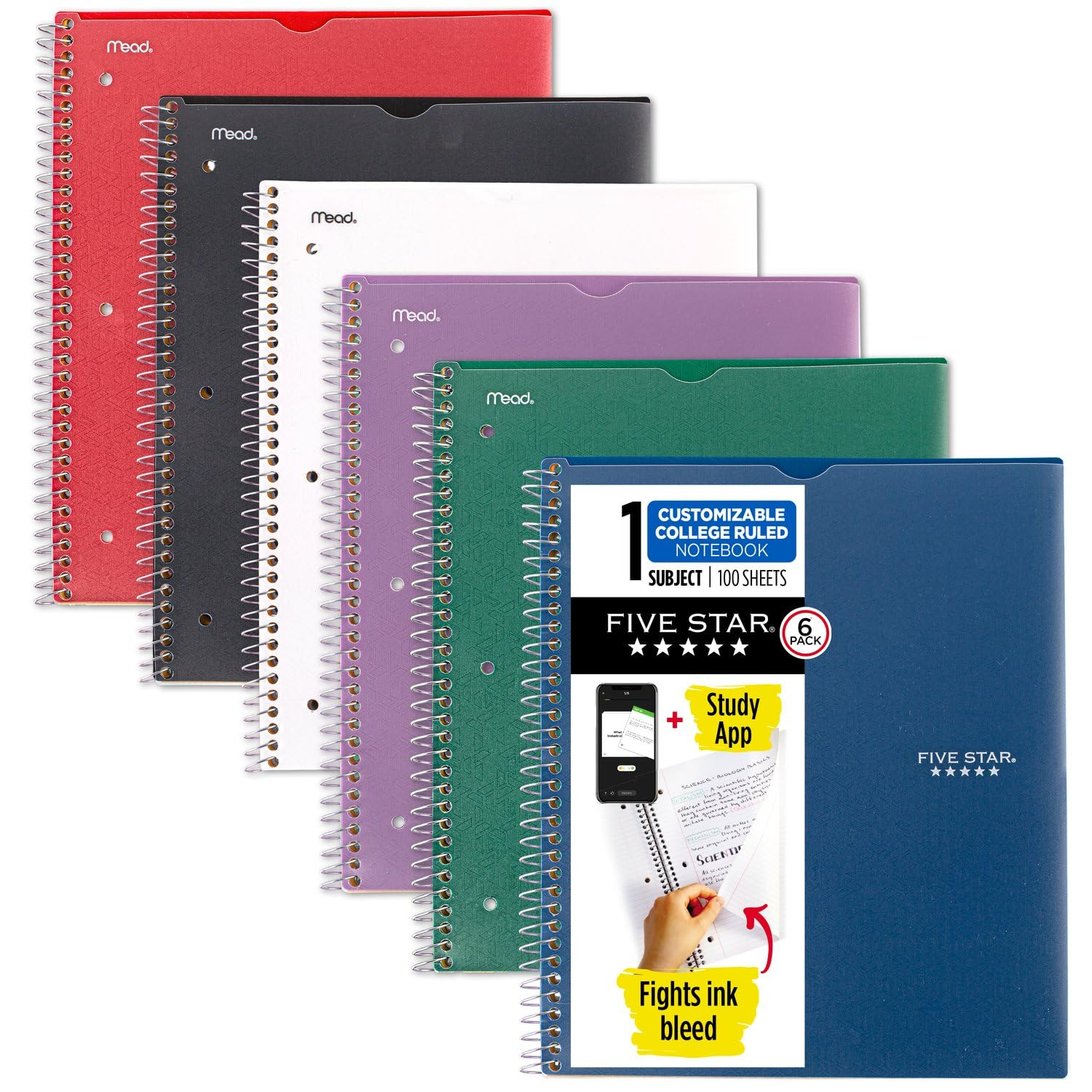 Five Star Spiral Notebooks + Study App, 6 Pack, 1 Subject, College Ruled, 8-1/2" X 11", 100 Sheets, Customizable Cover, Fire Red, Forest Green, Pacific Blue, Amethyst Purple, White, Black (820045-ECM) image number 4