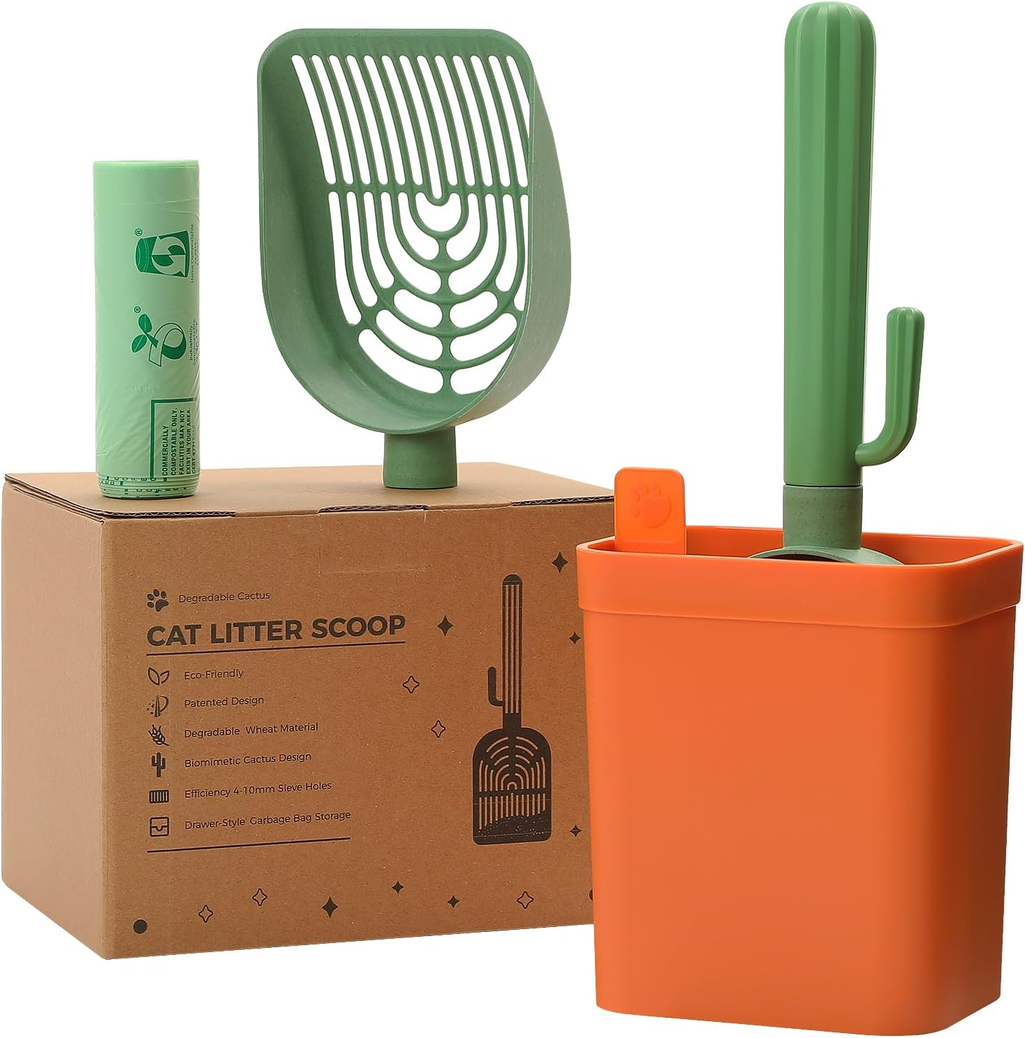 PAWZ Road Cactus Cat Litter Scoop with Holder - 2 Biodegradable Straw Plastic Shovel Heads & Durable ABS Handle and Box - Premium Cat Scooper with 1 Roll of Trash Bag, Cactus Green image number 4