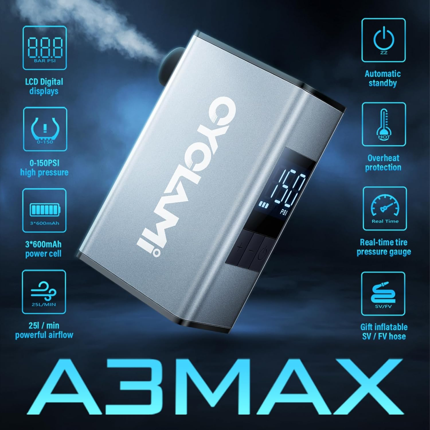 Mini Bike Tire Pump with Gauge, CYCLAMI 150PSI Electric Bicycle Air Pump, Auto Stop, Presta and Schrader Valve Aluminium for All Bike, Type-C Rechargeable Battery image number 4