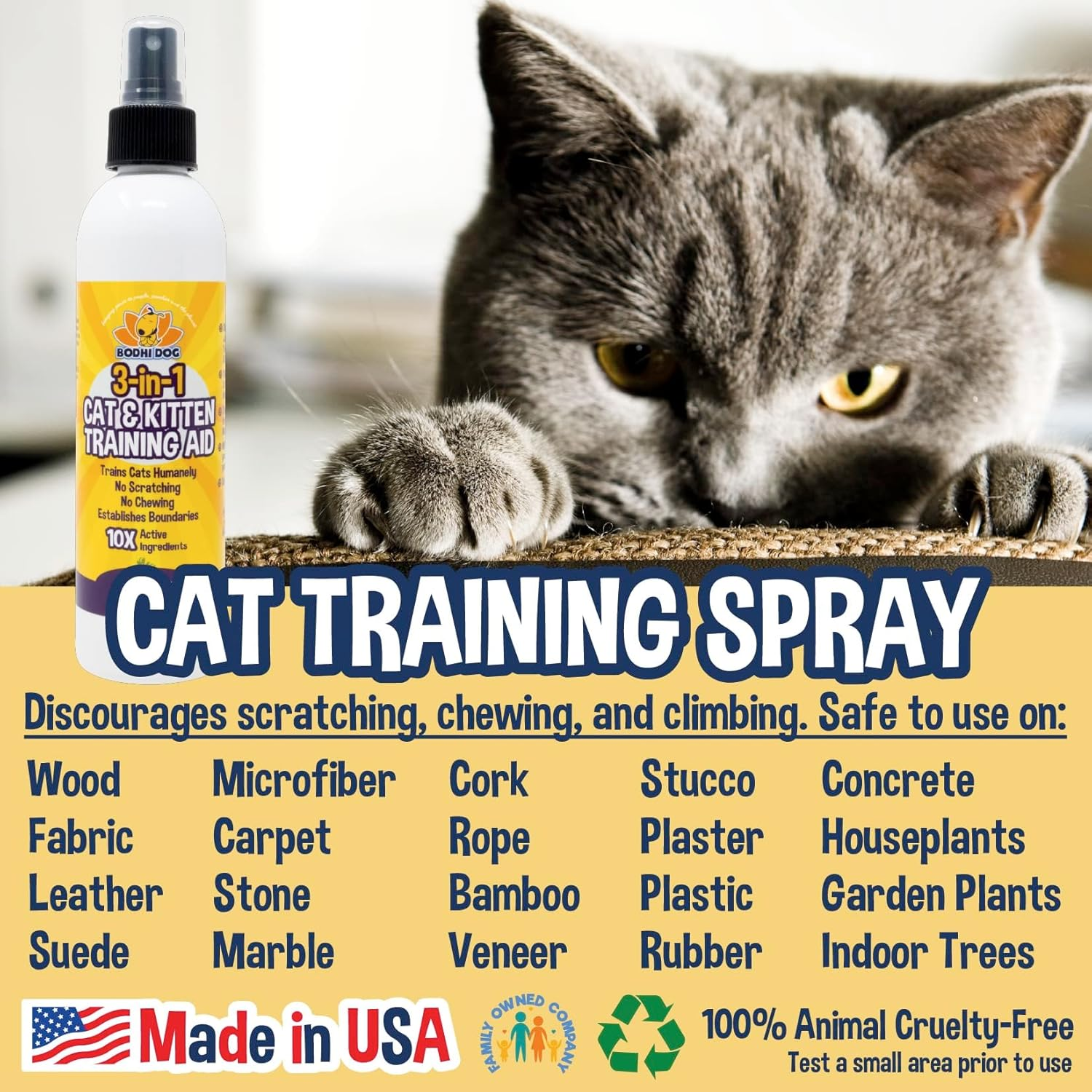 3-In-1 Cat & Kitten Training Aid with Bitter | Cat Training Spray for Indoor and Outdoor Use | anti Scratch Furniture Protector | Establish Boundaries & Keep Cat off | Made in the USA (8Oz) image number 3