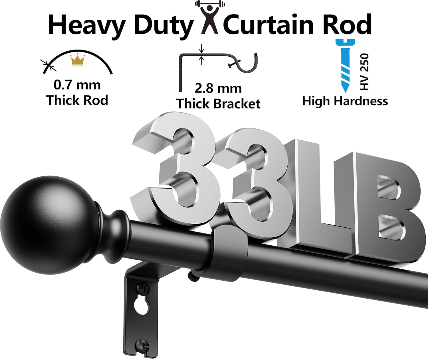 Curtain Rods 300 Cm for Window 279 Cm, Adjustable Length Heavy Duty Diameter 2.2 Cm, Ball Finials Black image number 2