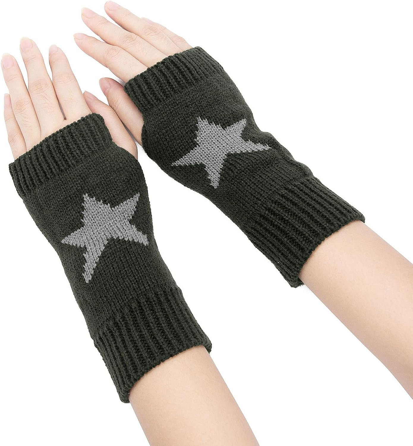 YAMEIZE Fingerless Star Printed Knitted Gloves - Wrist Warmers Mittens Knitted Gloves for Women Men Typing - Coffee image number 7