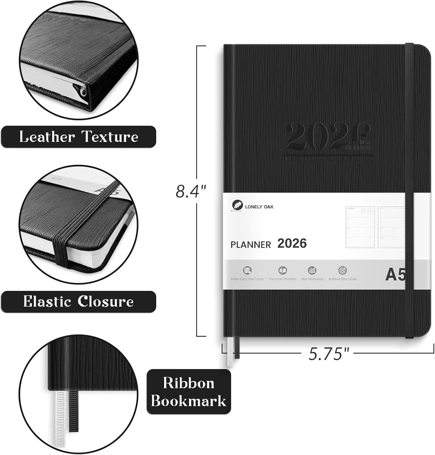 2026 Diary, Weekly and Monthly Planners, Faux Leather Daily Calendar 2026 Planner, 12 Month Agenda from Jan. to Dec., Hardcover Habit Tracker Journal 5.75" X 8.4"(Black) image number 3