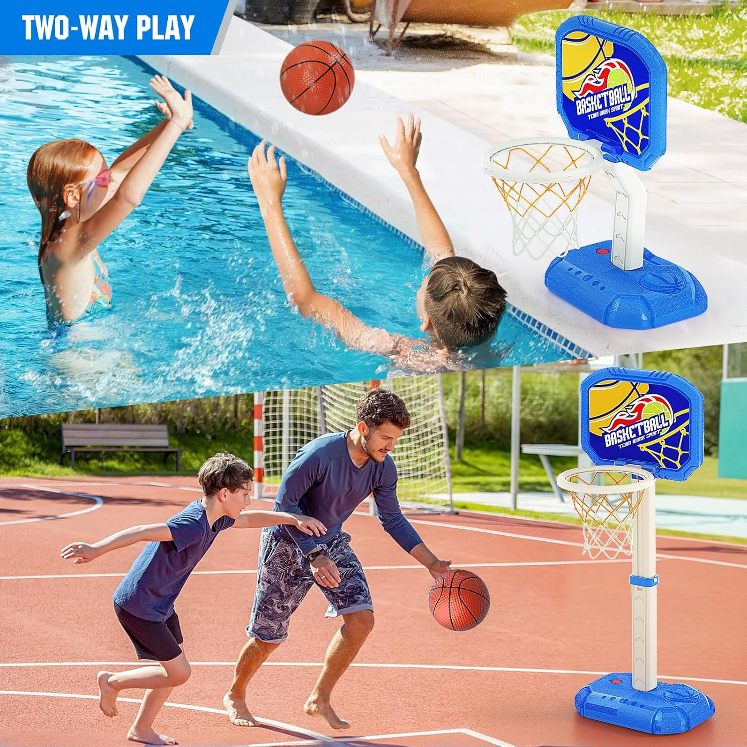 Toddler Basketball Hoop for 1-3, 2 in 1 Indoor & Outdoor Swimming Pool Games Basketball, Adjustable Height Basketball Toy with 3 Balls and Air Pump, Gifts for Kids Boys Girls image number 6