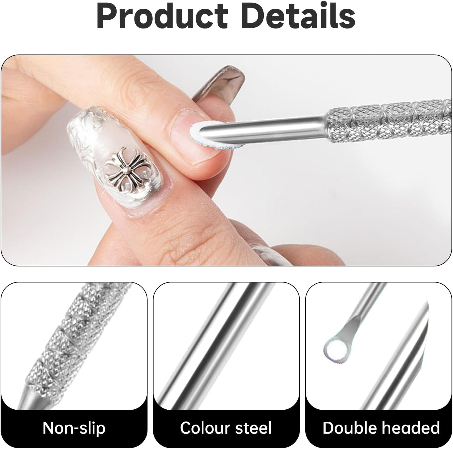 2-In-1 Cuticle Pusher Tool,Nail Etching Tool,Dual Ended Gel Nail Polish Remover Tool,Stainless Steel Nail Scraper,Loop & Beveled Head,Cuticle Sticks,Manicure Tools,For Cuticle Trimmer Pedicure image number 3