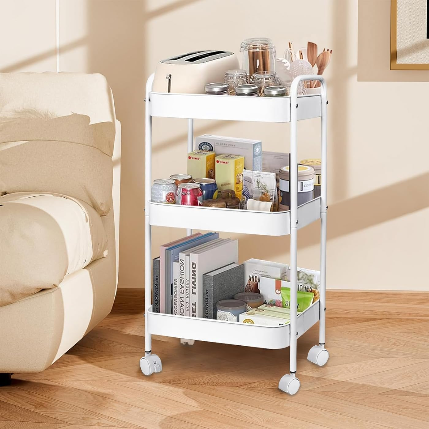 3 Tier Metal Rolling Storage Cart with Lockable Wheels Bathroom Cart Organizer Laundry Room Organizer Utility Cart Mobile Shelving Unit Multi-Functional Shelves for Office, Kitchen, Bathroom, White image number 5