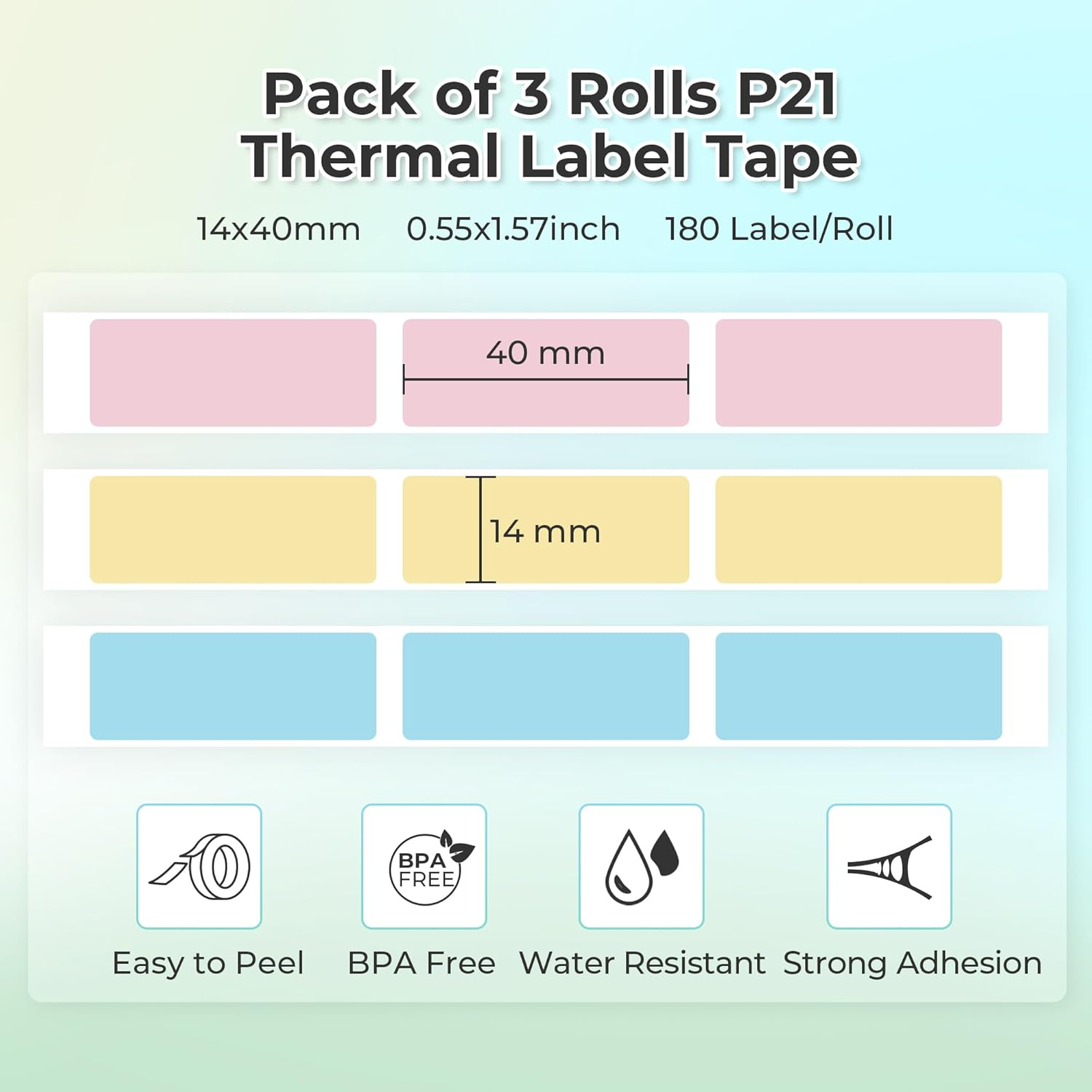 NELKO Genuine P21 Label Maker Tape, Adapted Label Print Paper, 14X40Mm (0.55"X1.57"), Standard Laminated Office Labeling Tape Replacement, Multipurpose of P21, 180 Tapes/Roll, 3-Roll, Blue/Yellow/Pink image number 6