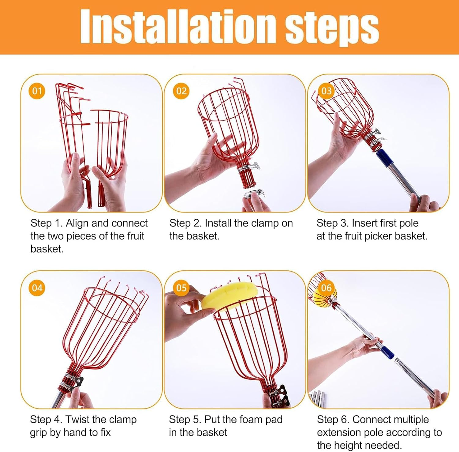 Fruit Picker Tool, 2.4M 8Ft Height Adjustable Fruit Picker Pole Tool with Baskets, Light-Weight Stainless Steel Fruit Picking Equipment for Apples Oranges Tangerines Pears Mangoes Avocados image number 6