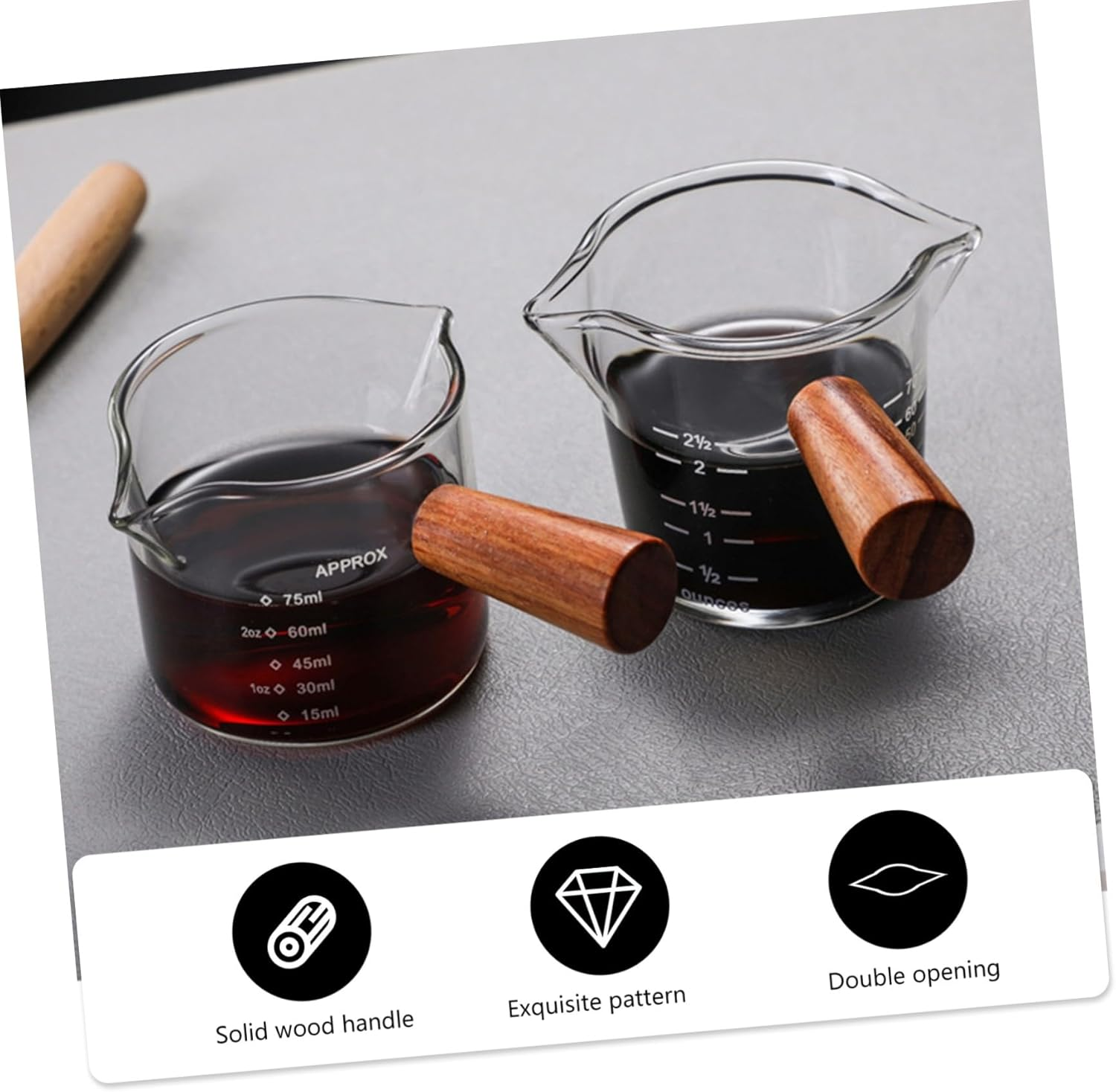 EXAOMBLE Glass Milk Cup with Handle Double Mouth Measuring Cup Thick Glass Coffee Latte Art Pitcher for Home Bar Espresso Frothing and Milk Pouring, Wooden Handle Design image number 4