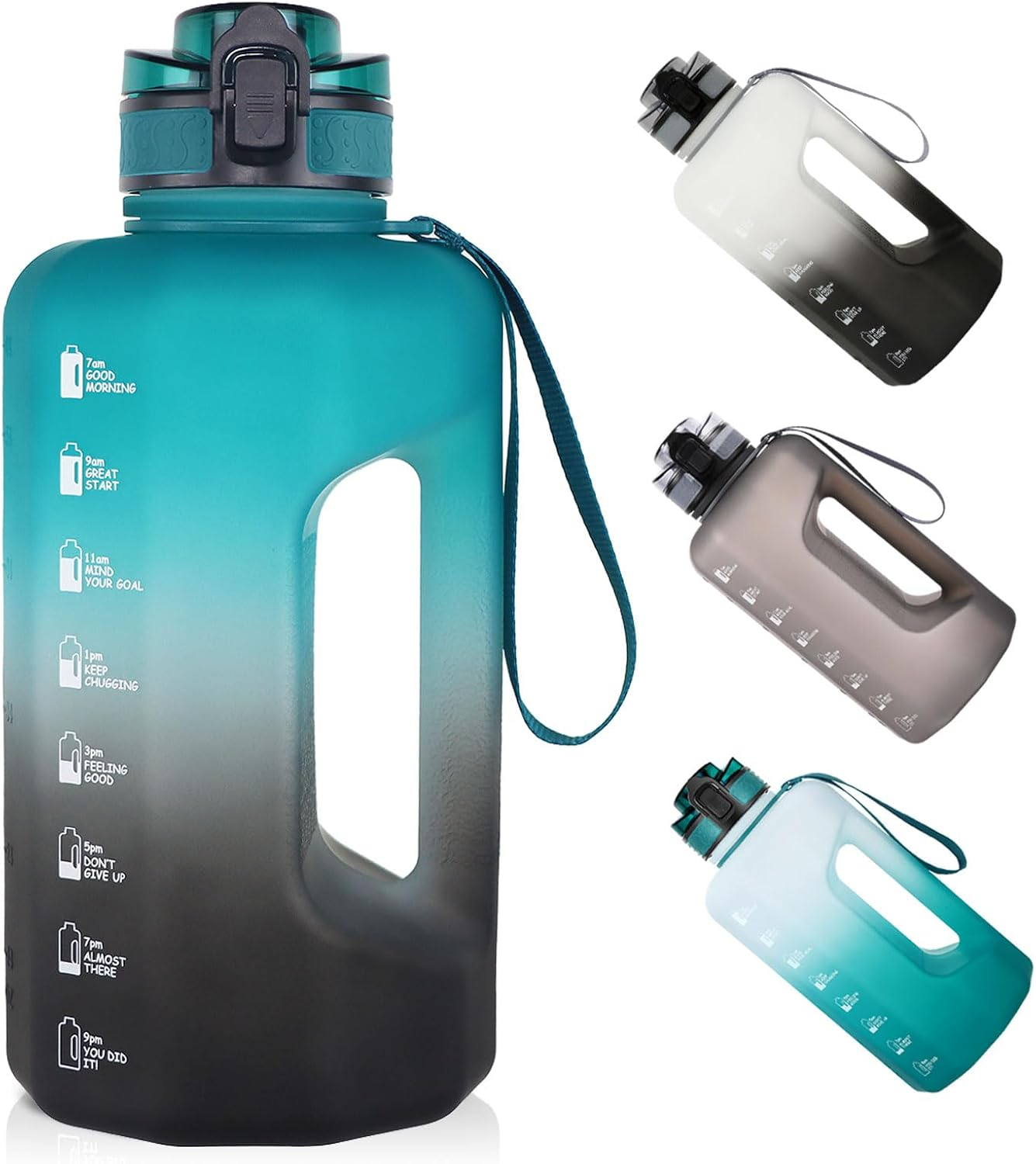 GEMFUL Motivational Water Bottle with Straw and Time Marker 74Oz Big Gym Bottles Water Jug BPA Free Leak Proof Hydrated for Sports Workout Fitness Outdoors (White Black) - Cyan With Straw image number 3