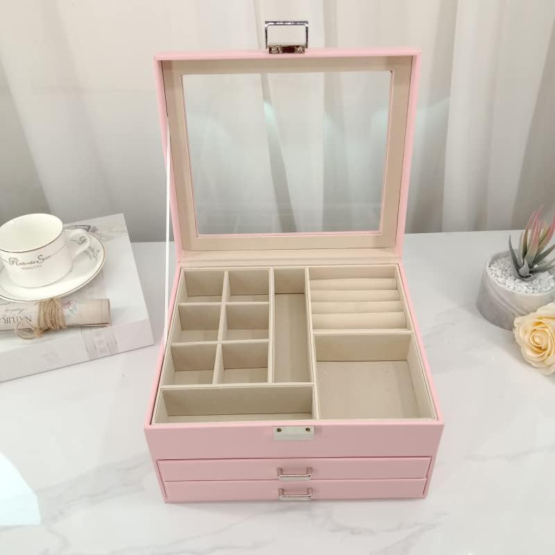 Jewelry Box with Glass Lid, 3-Layer Jewelry Organizer with 2 Drawers for Loved Ones Gifts, Pink image number 1