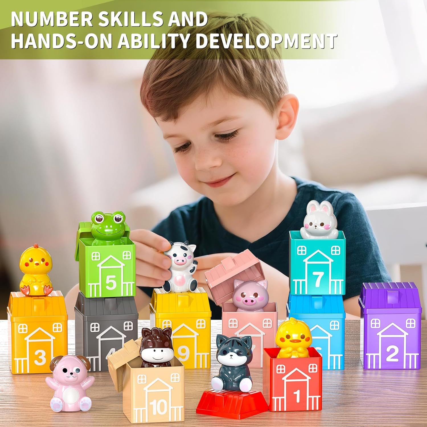 JUKUDAHU Farm Animals Toy Set for Kids 1 2 3 4 Years Old - Matched Game with 10 Barns, Counting, Color Sorting, Sensory Preschool Learning for Toddlers 1-3, Birthday Baby Boys Girls Ages 12-18 Months
